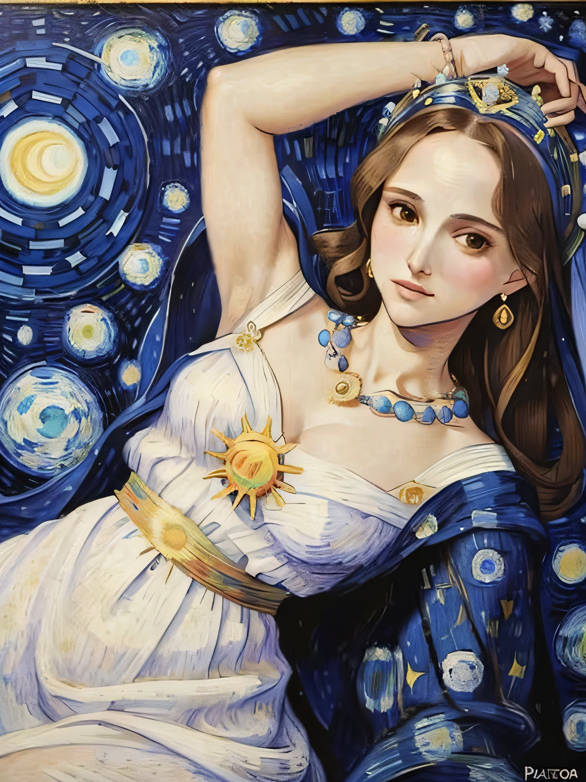 Natalie Portman, Oil painting, Renaissance, Leonardo da Vinci, model, modern style, modern clothing, pop star, cool, white dress, blue cover, necklace of the planet Jupiter, Pluto in the sky, Starry Night, van Gogh, Pablo Picasso, print dress of the work Guernica Picasso, crown of sun on the head, long dress, covering dress