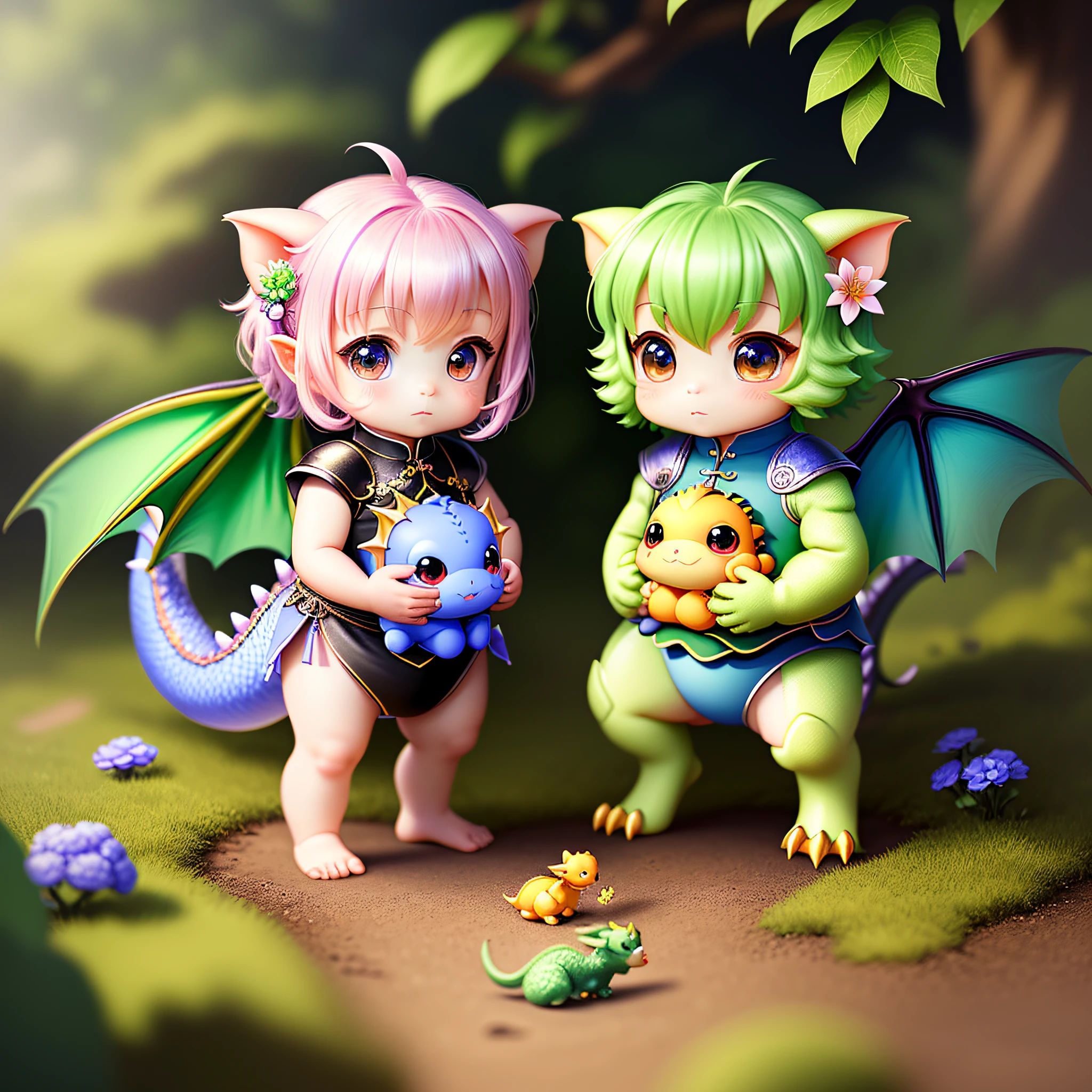 Masterpiece, best quality, super high resolution, detail, 1 little cute dragon, small size dragon, unusual color, chibi, charm, baby dragon, fluorescent flowers