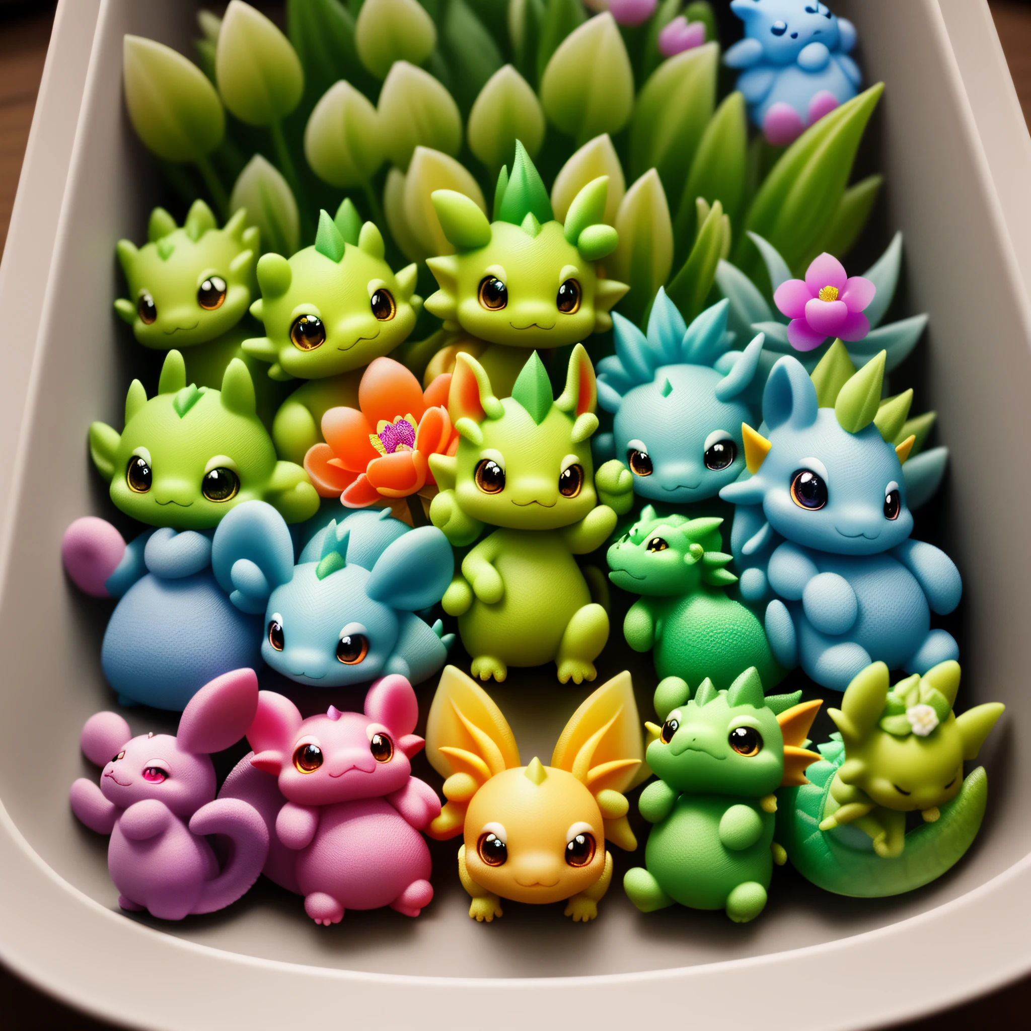 Masterpiece, best quality, super high resolution, detail, 1 little cute dragon, small size dragon, unusual color, chibi, charm, baby dragon, fluorescent flowers