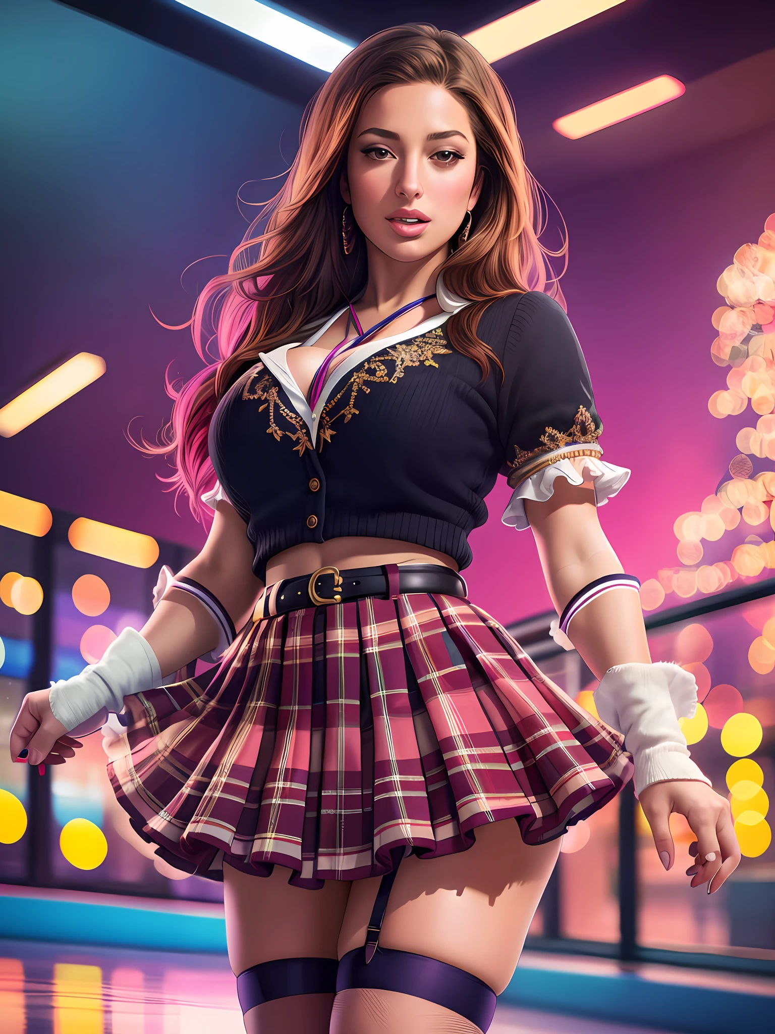Ashley Graham on the ice rink, wearing a colorful flared short pleated skirt and blouse, colorful stockings, wide hips, best quality masterpiece, photorealistic, detailed, 8k, HDR, shallow depth of field, broad light, high contrast, backlighting, bloom, light sparkles, chromatic aberration, sharp focus, RAW color photo, glare, brilliance, amazing fine detail,detailed face, --s2