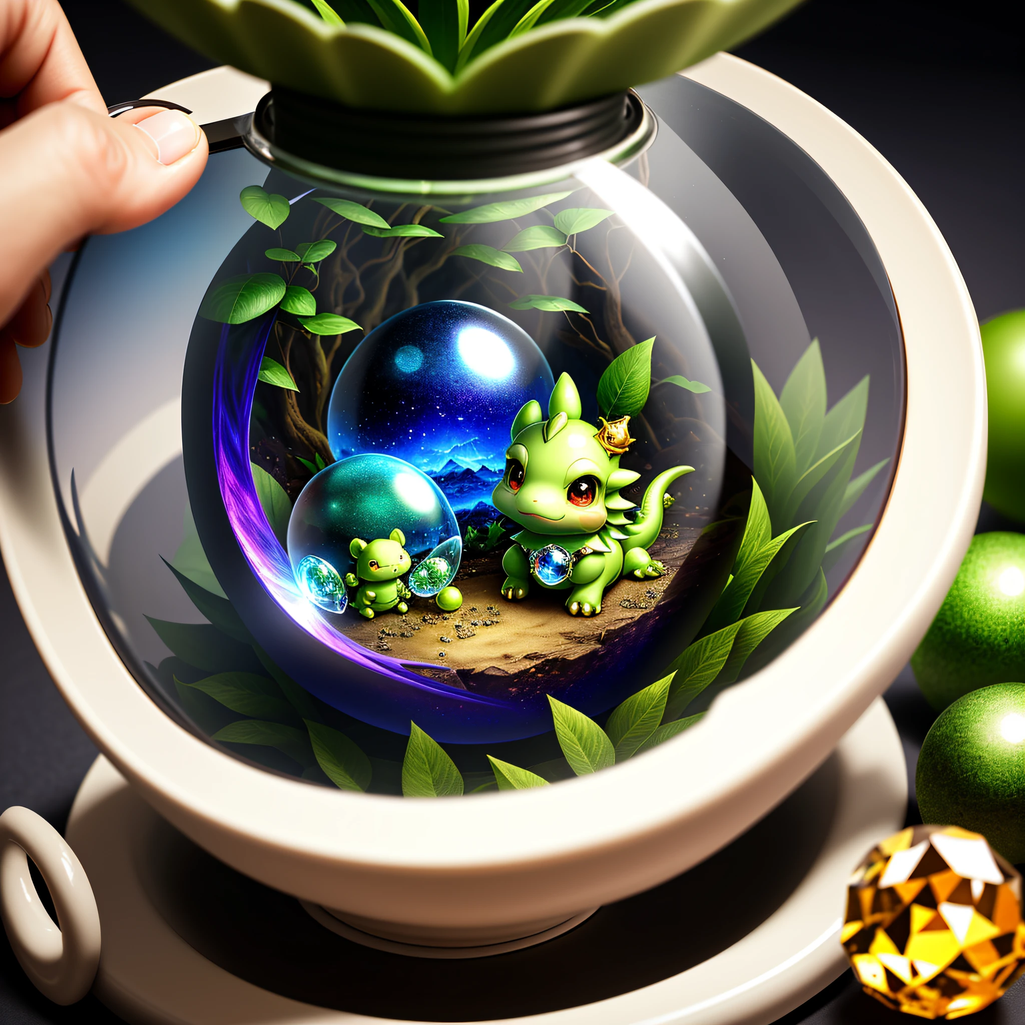 Masterpiece, best quality, super high resolution, detail, crystal sphere inside little cute dragon, inside the sphere dragon, charm, chibi, magic, background beautiful plants