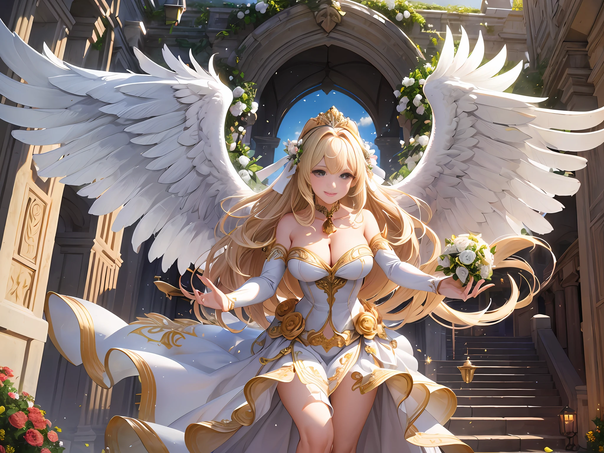 Masterpiece, Best Quality, Official Art, (Highly Detailed CG Unity 8k wallpaper), Detailed background, (Hands by Guido Daniele: 1.1), Feet out of frame, First Person View, 1, Beautiful woman who is attractive and perfect, Blessing Woman, (Curvaceous), (Standing), (((Outstretched hand: 1.4, Upturned palm: 1.14)))), ((Goddess: 1.4, Beautiful Angel: 1.4, Big Angel Wings))), (Bridal Gauntlet, Gorgeous Pure White Dress, Pure White Large Skirt, Gold Ornaments, Bridal Garter, Bridal Legwear, White Thighs: 1.12), (Blonde Long Hair: 1.12), (Ahoge: 1.13), (High Ponytail: 1.12), (Green Eyes: 1.13), Look at the Beholder, Big, (cleavage), Beautiful Face, (Blush :1.11), (Smile: 1.11), (((((Outdoor)))), Castle, church, (flower garden, countless petals, beautiful flower decorations), (((Bouquet of blessings: 1.4, Blessing bell, luxurious blessing venue, beautiful white bird is flying))), cheers, joy