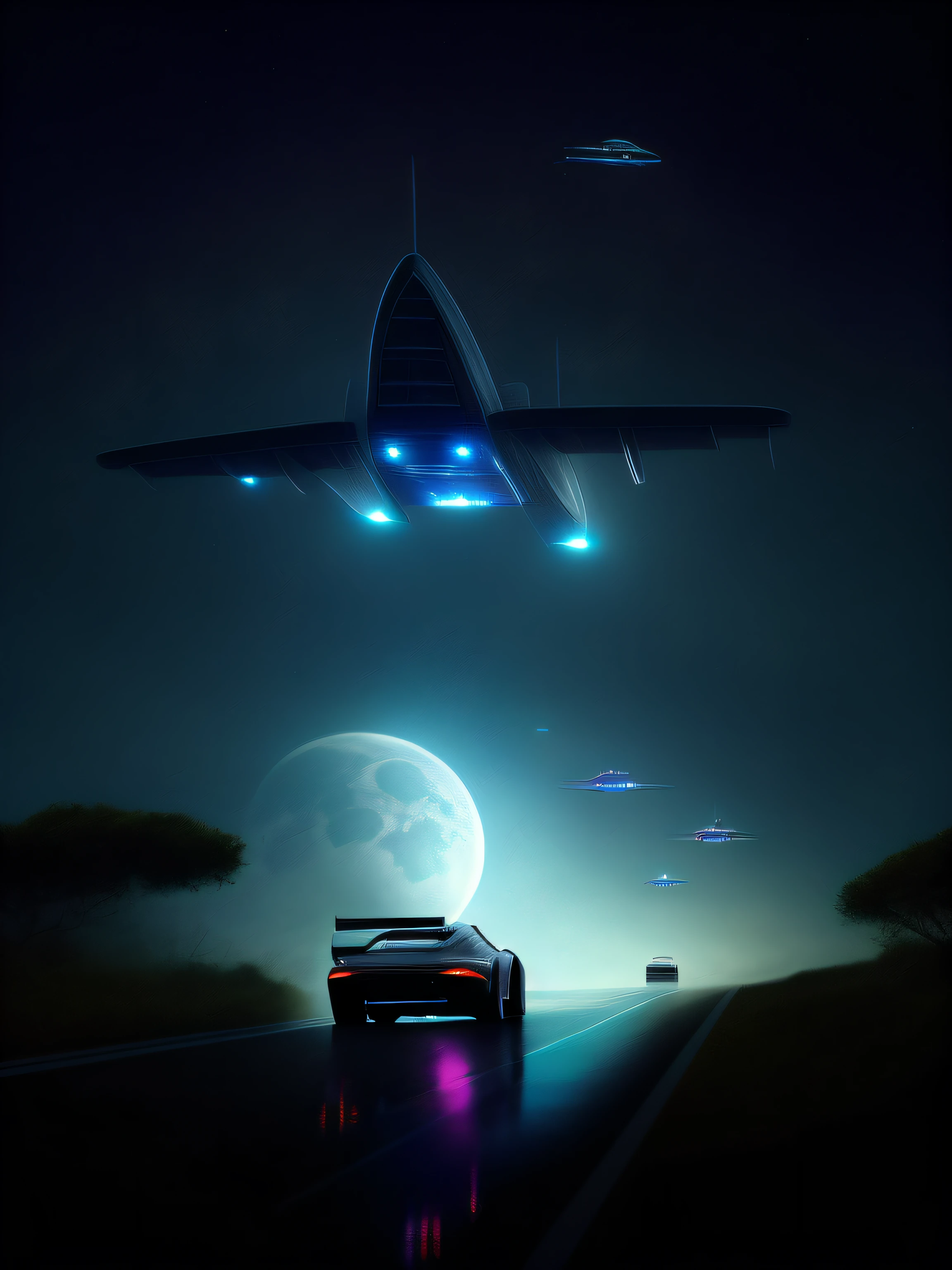 there is a plane flying over a car on the road, spaceships flying in the distance, spaceships parked, spaceships flying in the background, by Christopher Balaskas, spaceships flying above, artem demura beeple, spaceships flying around, with spaceships in the sky, spaceships in the distance, spaceships flying, enemy car chasing, chase, car background well detailed, realism, realistic debris, realistic car, well detailed car, well realistic asphalt, well detailed asphalt, sky bell realistya, realistic moon, arafed porsche sports car parked on a wet road at sunset, automotive photography, vehicle photography, car photography, porsche, porsche 911, porsche 9 1 1, car photography, porsche rsr, wide body, marc adamus, porche, black car, by Anthony Devas, gunmetal grey, motorsport photography,