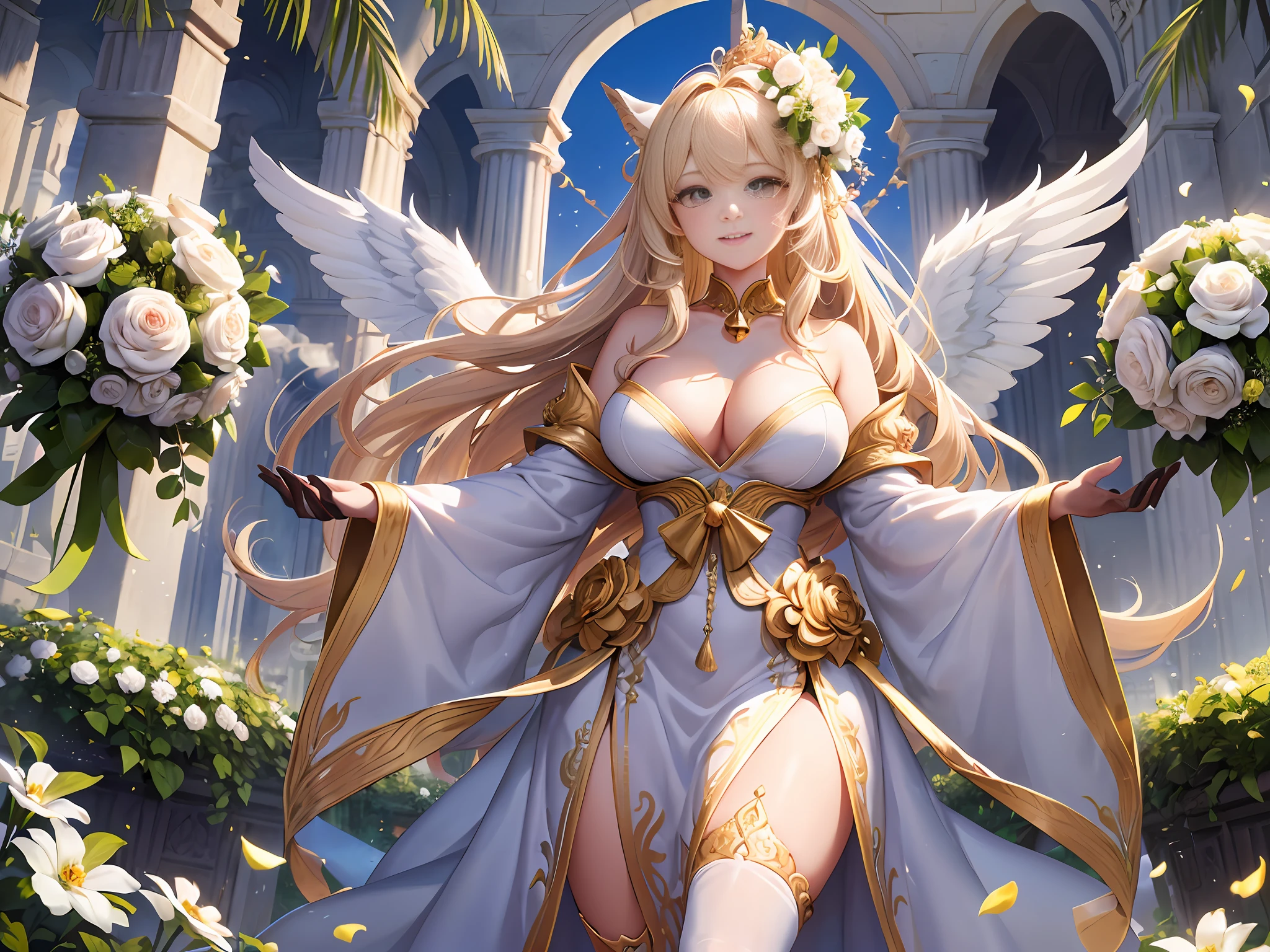 Masterpiece, Best Quality, Official Art, (Highly Detailed CG Unity 8k wallpaper), Detailed background, (Hands by Guido Daniele: 1.1), Feet out of frame, First Person View, 1, Beautiful woman who is attractive and perfect, Blessing Woman, (Curvaceous), (Standing), (((Outstretched hand: 1.4, Upturned palm: 1.14)))), ((Goddess: 1.4, Beautiful Angel: 1.4, Big Angel Wings))), (Bridal Gauntlet, Gorgeous Pure White Dress, Pure White Large Skirt, Gold Ornaments, Bridal Garter, Bridal Legwear, White Thighs: 1.12), (Blonde Long Hair: 1.12), (Ahoge: 1.13), (High Ponytail: 1.12), (Green Eyes: 1.13), Look at the Beholder, Big, (cleavage), Beautiful Face, (Blush :1.11), (Smile: 1.11), (((((Outdoor)))), Castle, church, (flower garden, countless petals, beautiful flower decorations), (((Bouquet of blessings: 1.4, Blessing bell, luxurious blessing venue, beautiful white bird is flying))), cheers, joy