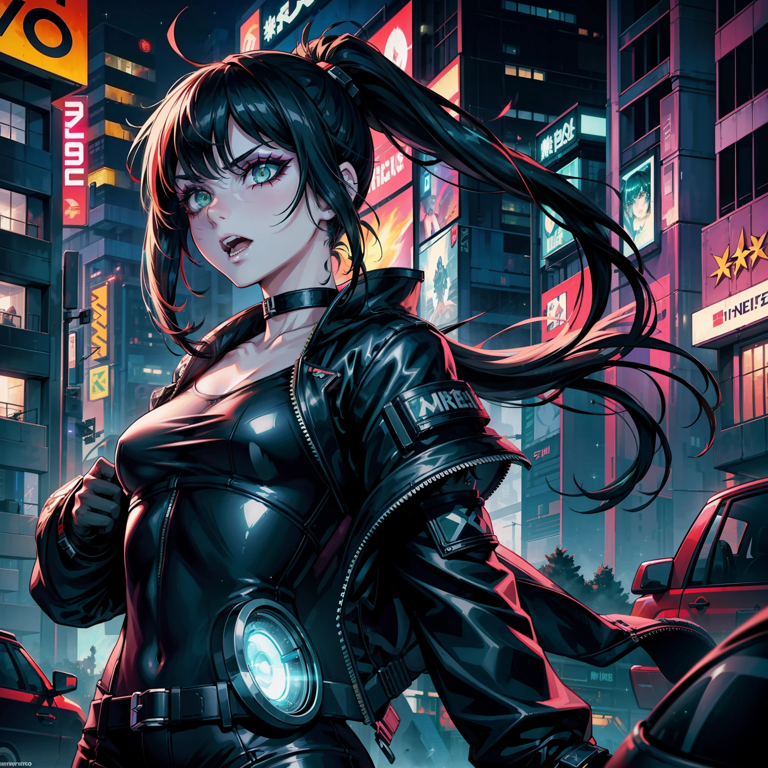 The female protagonist of a cyberpunk game, (green eyes, white skin, black hair with ponytail, choker, small breasts, skinny, makeup, eyeliner, sparkle), black tech armor, screaming, side photo, a car blowing in fire, cyberpunk city at night