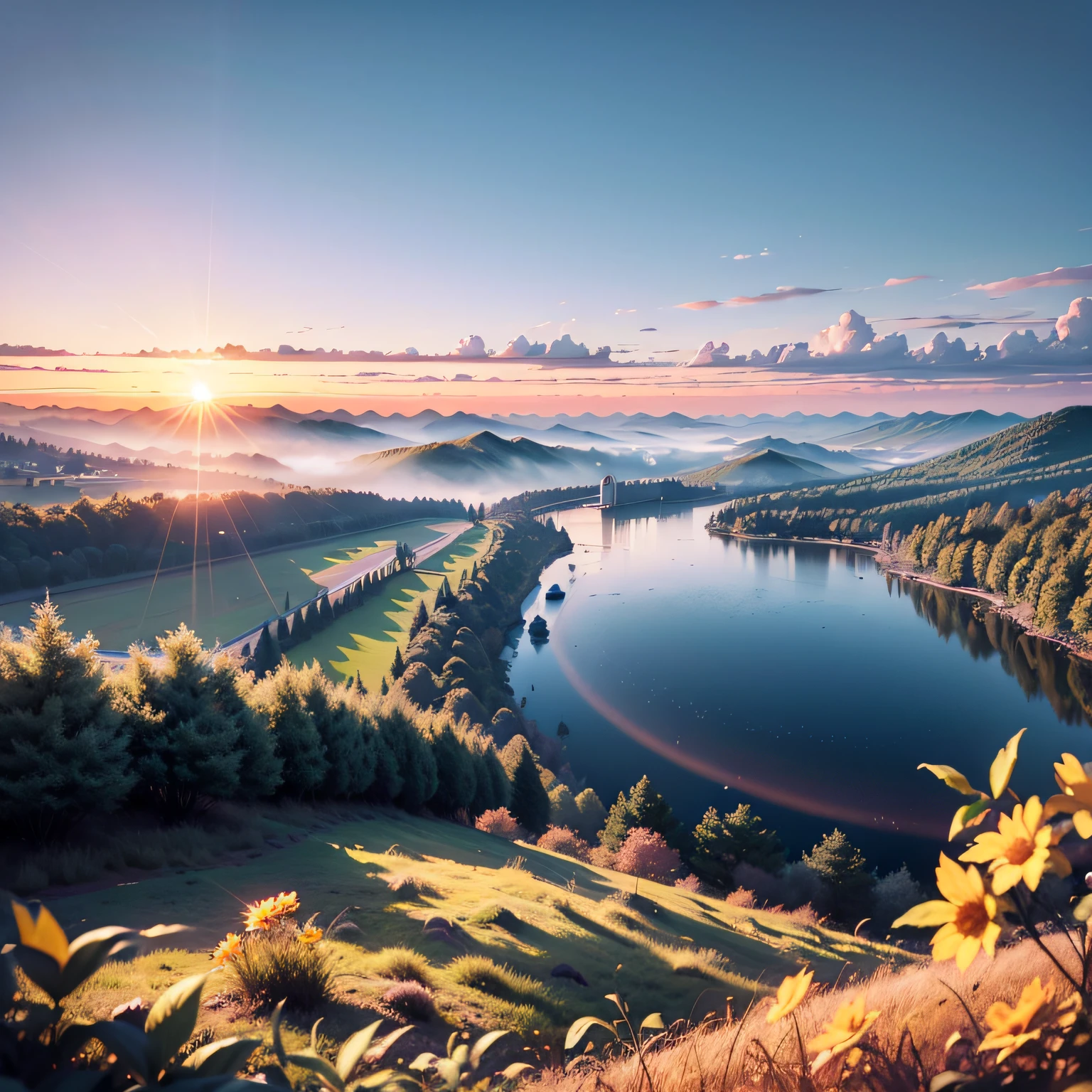 Trees and bushes in the park, sunset, hazy sunlight and mystery in the background, spring morning, sunset warm spring, cold sunny weather, beautiful evening, sun in the background, sun setting, sun inflowing, evening sun, early morning sun, sunny wide-angle lens, winter residue on the water surface, light and shadow contrast, 4k, super masterpiece, high quality photography --auto --s2