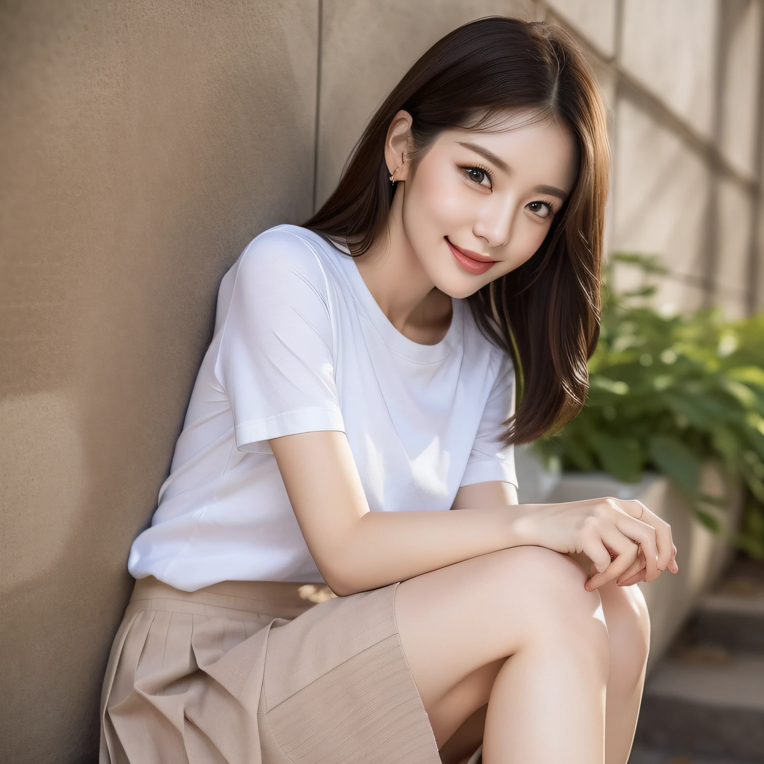 (a Korean girl: 1.5), (a woman), there is only one person in the picture, ((best quality, 8k, masterpiece: 1.3)), sharp focus: 1.2, (upper body: 1.4), perfect figure: 1.4, slim: 1.2, happy expression, smile, short sleeve tight T-shirt, cotton tight T-shirt, tight T-shirt, delicate fabric texture, with pleated skirt, knee-length pleated skirt, with complementary tones, elegant, highly fine face and skin texture, detailed eyes, double eyelids, Long eyelashes, fine eyelashes, fine fabric texture