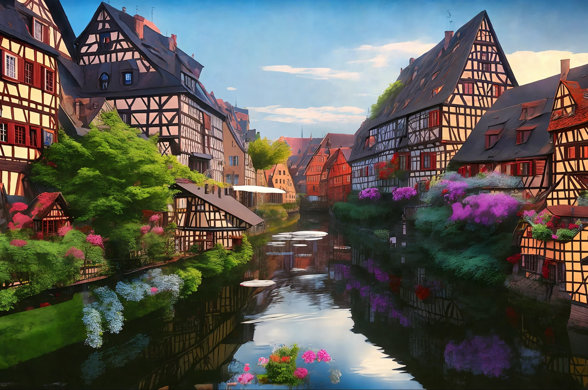 arafed buildings along a river with people sitting at tables, beautiful place, traveling in france, northern france, fairy tale place, in a medieval city, 8k)), a bustling magical town, beautiful city of the future, nuremberg, magical village, 8 k -, medieval cities, colorful city, worst place to live in europe, magical atmosphere