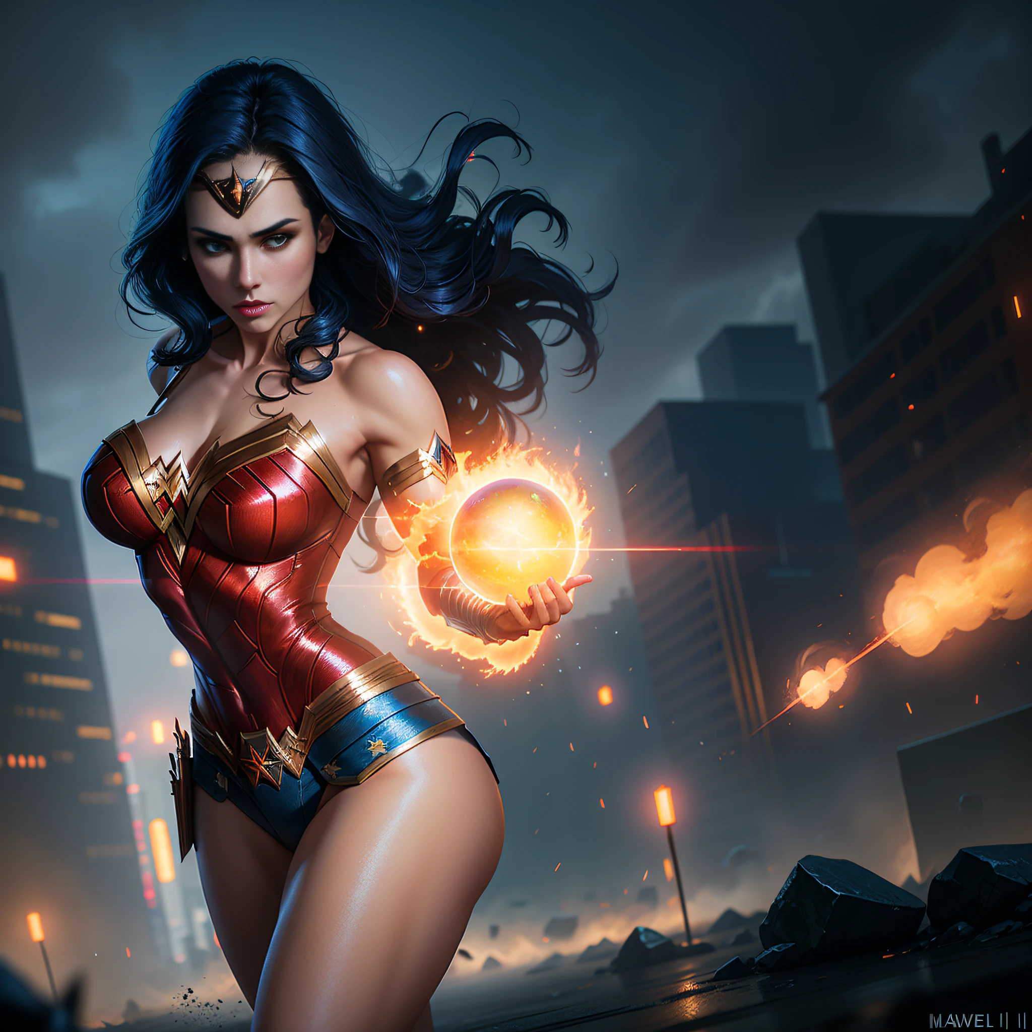 wonder woman, medium breasts, big ass, letting go of hands magic red, sexy, perfect body, ((original uniform)), fire involving character, cyberpunk, fitnes model, thin, back position, photography, diffuse side lighting, soft details, octane, artstation trend, luminous particles in the air, scary scenery, ultra high detail, ultra realistic, cinematic, dark scenery, fog at night, unreal engine, engine unreal engine,  16k, ((by Marvel))