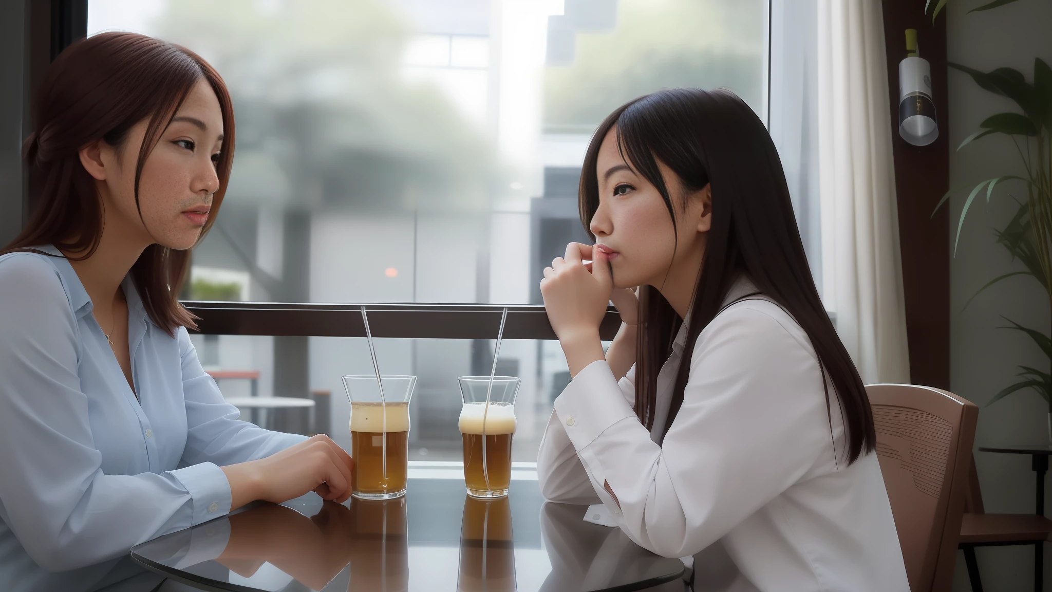 two women sitting at a table with drinks and a glass of beer, drinking coffee, drinking a coffee, woman drinking coffee, japanese, taken with sony a7r camera, anime girl drinks energy drink, very intense, sitting in a cafe, photo taken with sony a7r, drinking a beer, drinking beer, with a drink, sitting in a cafe alone