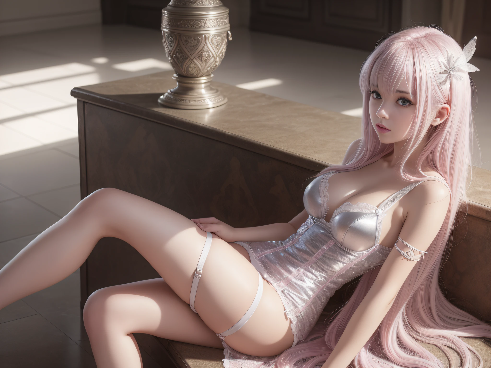 Ultimate picture quality art, beautiful and lifelike, bath bomb light source, pink fair silver hair fluffy beauty, sexy sitting posture, black suspender stockings beautiful legs, delicate small face, plump big breasts, white low-cut split dress, textured skin, super detail, high detail, high quality, best quality, 8k, HD,