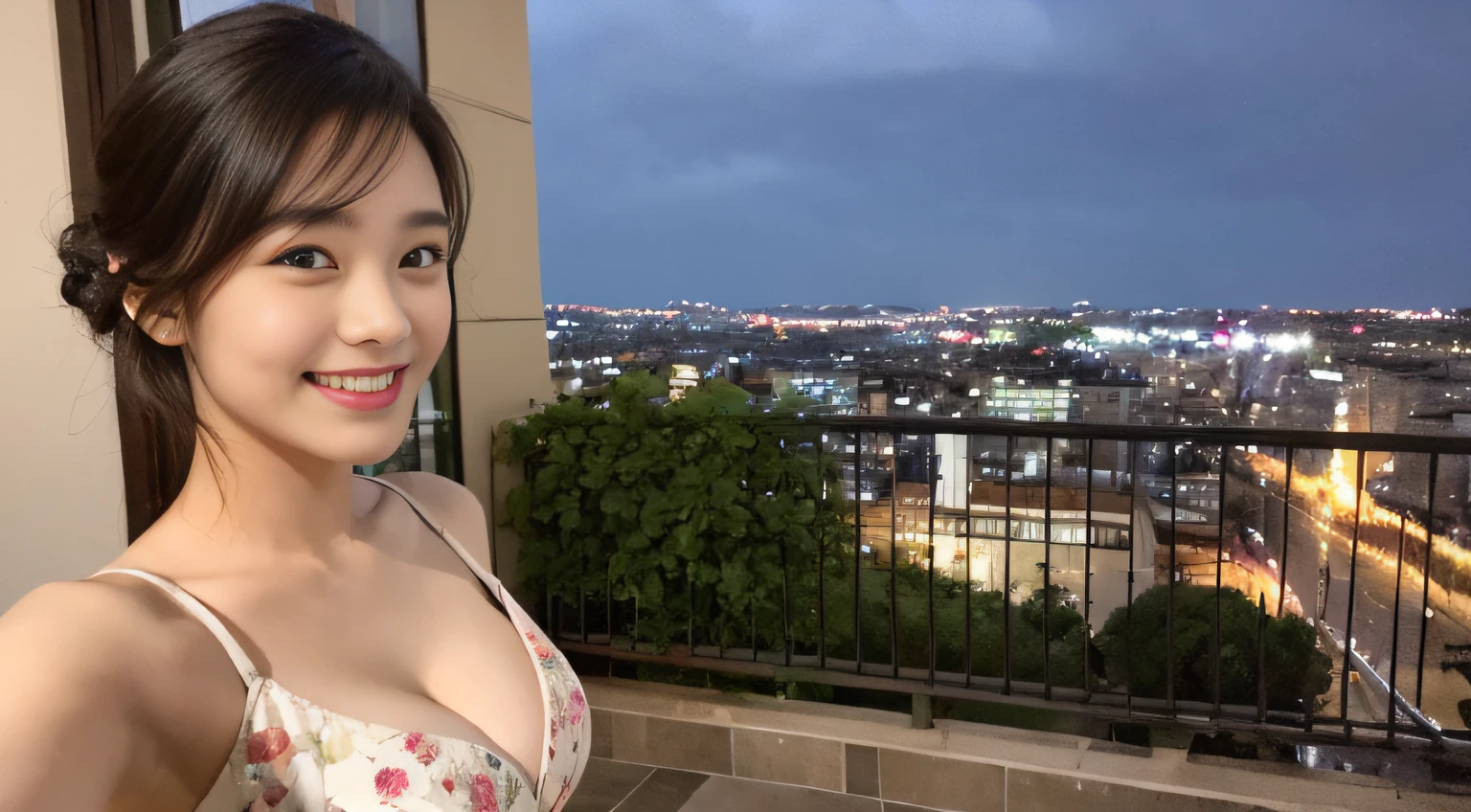 ((Best Quality, 8K, Masterpiece: 1.3)), Selfie, Sharp Focus: 1.2, Cute Beauty in Perfect Shape: 1.4, Slim Big Tits: 1.2, ((Brown Black, Big Breasts: 1.2)), (, Happy Expression, Standing: 1.2), ((Night view of a rainy city, Simple balcony: 1.3 Made with a female main focus)), Highly detailed facial and skin texture, detailed eyes, double eyelids, smiling pastoral floral dress