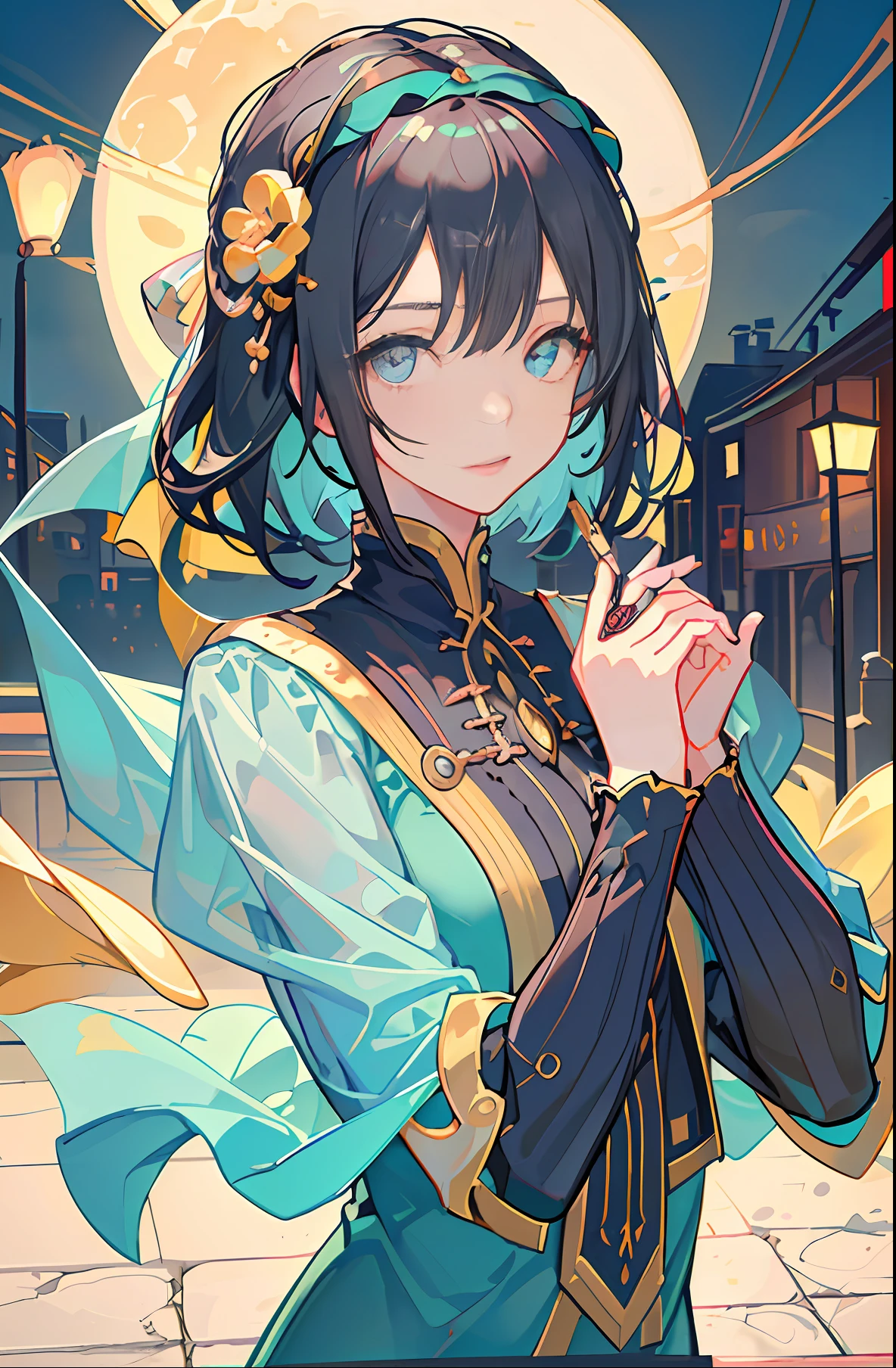 杰作,best quality,best quality,Amazing,beautiful detailed eyes,1girl,fine detail,Depth offield,极其详细的CG unity 8k壁纸,masterpiece,upper body,(vtuber minato aqua),(halfbody shot,street lamps,moon),Masterpiece, 1girl, solo exhibition, beautiful woman on the bustling street, surrounded by hawkers, beautiful goddess girl portrait, beautiful and detailed face, porcelain skin, (((bust shot, center, night, black hair, short hair)), super soft lighting, symmetry, complexity, elegance, high detail, realism, art, concept art,