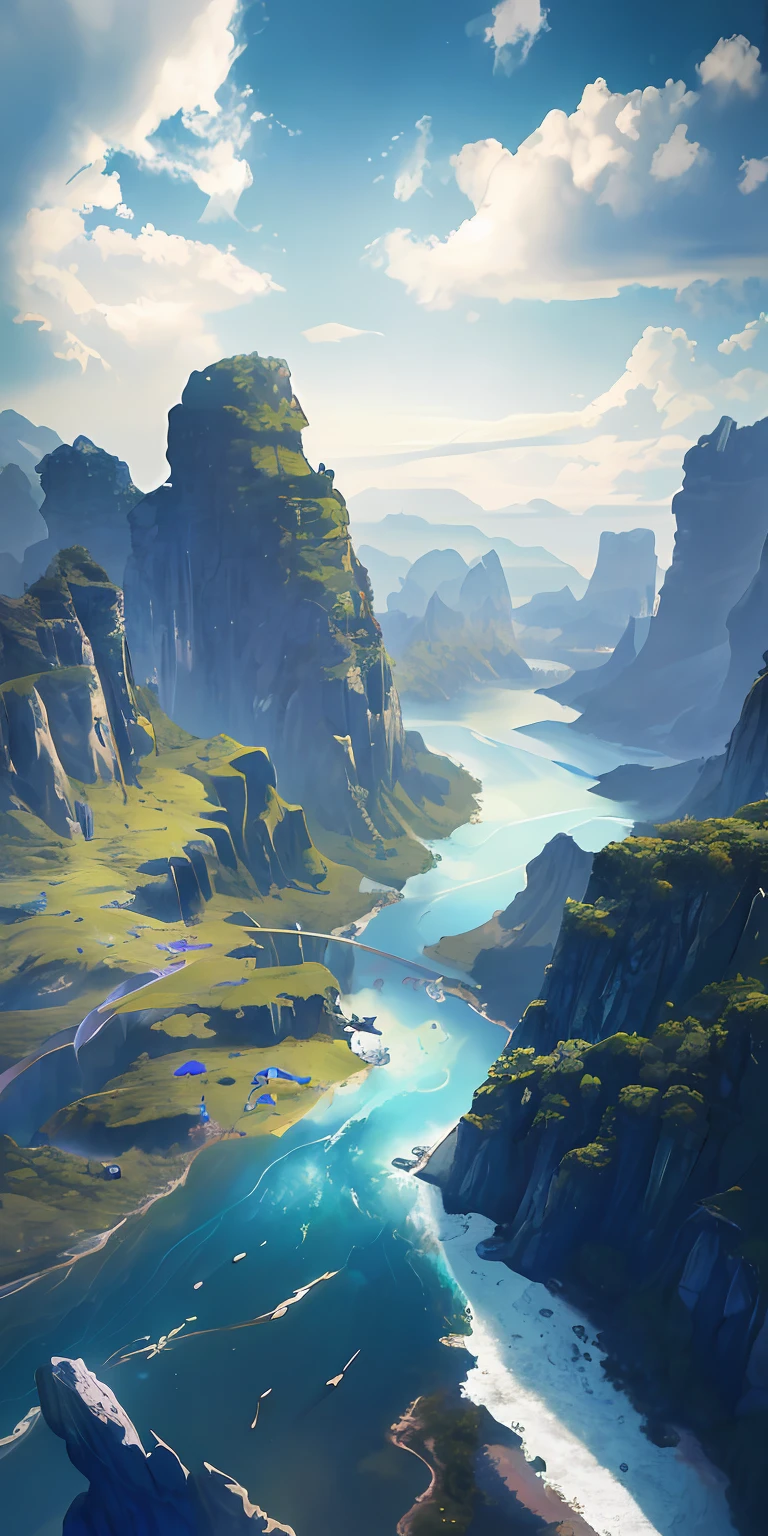 Masterpiece, best quality, high quality, extremely detailed CG unity 8k wallpaper, landscape, outdoor, sky, clouds, sky, no humans, mountain, landscape, water, tree, blue sky, waterfall, cliff, nature, lake, river , cloudy skies, award winning photography, bokeh, depth of field, HDR, bloom, chromatic aberration, photorealism, very detailed, trending on artstation, trending on CGsociety, intricate, high detail, dramatic, half way art