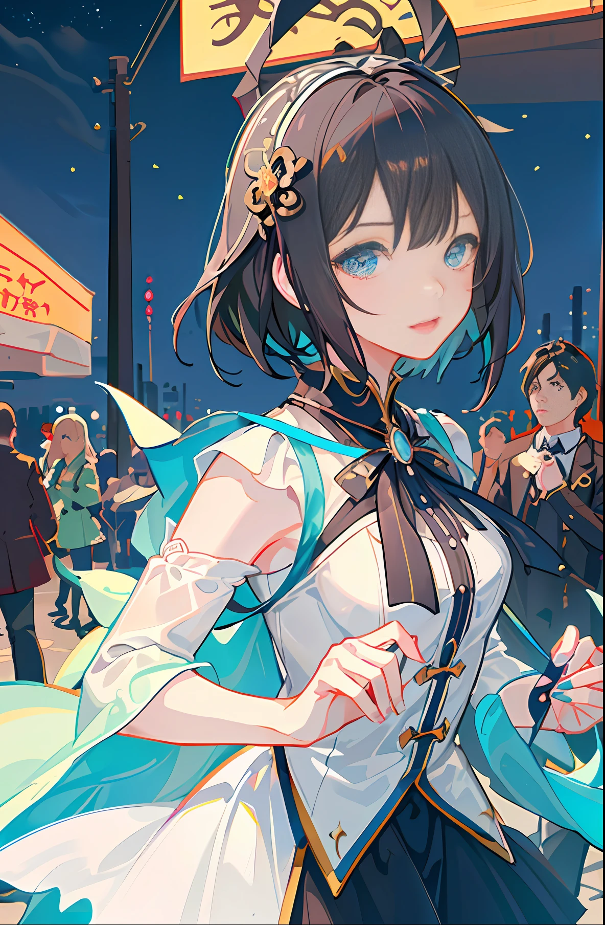 杰作,best quality,best quality,Amazing,beautiful detailed eyes,1girl,fine detail,Depth offield,极其详细的CG unity 8k壁纸,masterpiece,upper body,(vtuber minato aqua),(halfbody shot,street lamps,moon),Masterpiece, 1girl, solo exhibition, beautiful woman on the bustling street, surrounded by hawkers, beautiful goddess girl portrait, beautiful and detailed face, porcelain skin, (((bust shot, center, night, black hair, short hair)), super soft lighting, symmetry, complexity, elegance, high detail, realism, art, concept art,