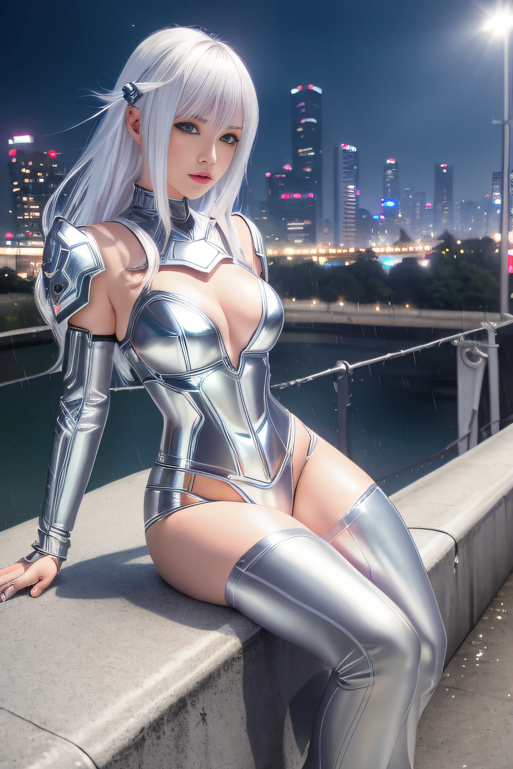 sexy girl in cyber silver armor, angel white wingsopen navel, latex underwear, white hair, wolf ear, ((sit on a bridge)), on abandoned building, cyberpunk technology, cables jaunting, lens flare, by Mathias Kollros, by Julia Pishtar, modeling photography, olivia de bernardinis, by steven belledin, alina ivanchenko, night raining, wet street