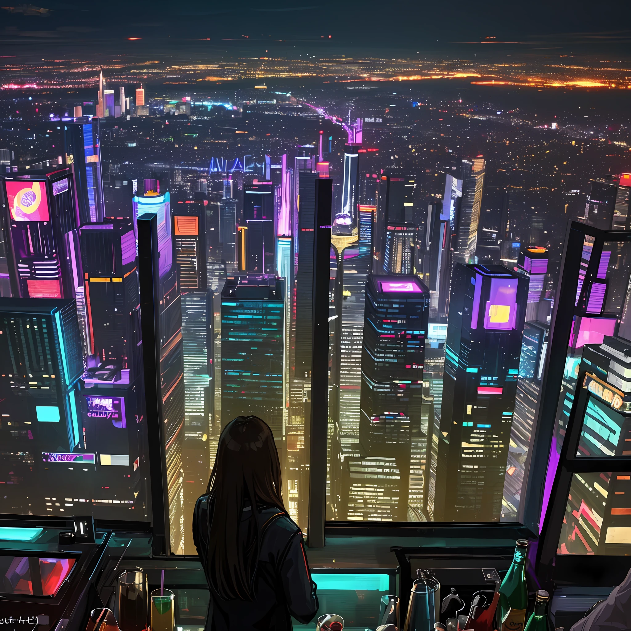 ((masterpiece)),((best quality)),((high detail)),((realistic,)), Cyberpunk, nightclub, ballad, people toasting, drinks, crowd at party, crowd, people gathered, night house, view from above