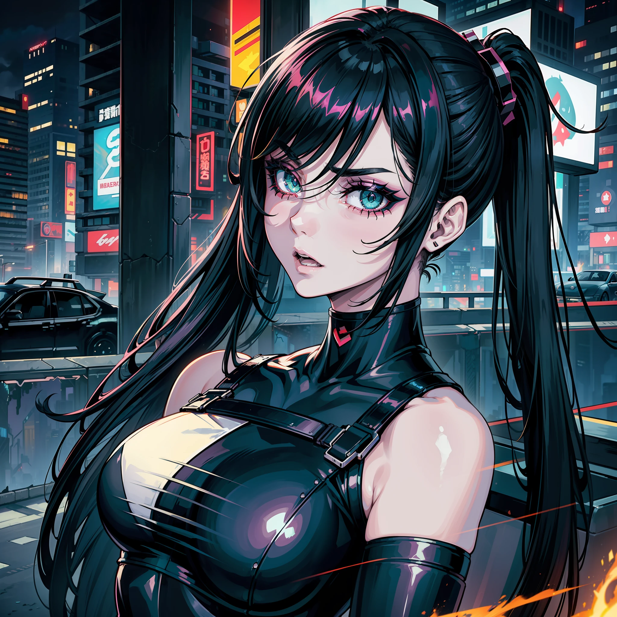 The female protagonist of a cyberpunk game, (green eyes, white skin, black hair with ponytail, choker, small breasts, skinny, makeup, eyeliner, glow), black tech armor, screaming, side photo, a car on fire, cyberpunk city at night