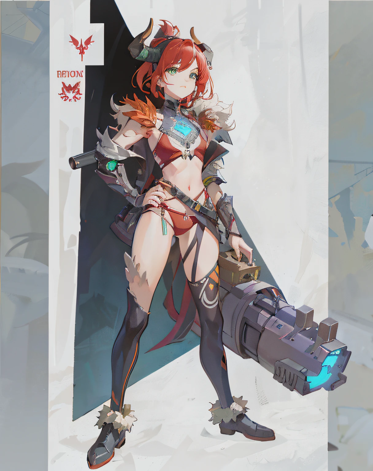 neat face, cyberpunk, armor in the style of Horizon Zero Dawn, Red-haired girl, neat green eyes, pigtails, a wreath of fiery horns on her head, barbarian, a huge techno cannon in her hands, a huntress, bones on the body, insect plates, chitin, fur, small bones, light bones and red fur on the shoulders, dark leather stockings made of strips of cut skin on the legs, ropes and light bones on the body,  thin panties, a small bra made of bones, bright red hair, jewelry made of horns, a fur gun. Instead of underpants, rope, bones and chitin, fur shoulder pads and with chitin, a tail of hair on the back of the head, a short haircut, a bionic cannon in the form of the mouth of a wolf, shark, dragon look up. The girl has green eyes, a playful look, a good-natured smile, a neat nose, tight panties, tight thongs, mini-underwear, leaky underwear, torn fabrics, a lot of torn fabrics, a lot of holes in fabrics, a cannon with a monster's head, a cannon barrel in the form of a monster, a flame bursts out of her mouth, a portal in a cannon. The girl has short hair, a ponytail at the back is short and looks up, fur shoulder pads, a jacket on the shoulders, a torn bra, the pubis is open, diagonal straps all over the body, powerful energy escapes from the open toothy mouth of a cannon, a bird's skull on a girl's belly, tattoos, vertebrae on the edges of stockings, cyberpunk, ethnic style of clothing, vintage clothes, worn, prehistoric style, prehistoric jacket, elbow pads made of insects,  chitinous cannon, bionic cannon, torn jacket sleeves, chitinous plates on the jacket, flame flashes, cyberpunk, the whole cyberpunk style, a lot of technology, technologies of the future, futurism, science fiction, fantasy, wildness, sexuality, emphasized eroticism, cold lighting, flames from everywhere, a lot of fire, bones on the shoulders, small details on the shoulders, a skull on the belt, the girl has curly hair, tattoos on her face, maximum nudity, diagonals, caveman,  prehistoric image,