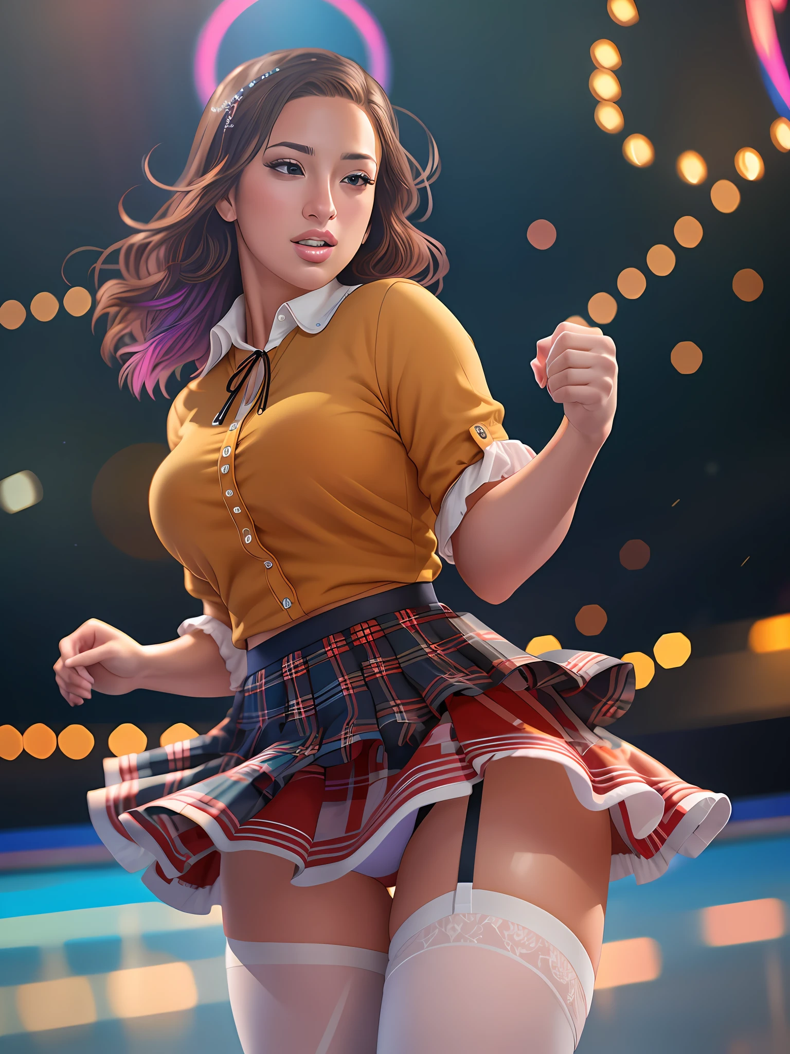 Ashley Graham on the ice rink, wearing a colorful flared short pleated skirt and blouse, colorful stockings, wide ????, best quality masterpiece, photorealistic, detailed, 8k, HDR, shallow depth of field, broad light, high contrast, backlighting, bloom, light sparkles, chromatic aberration, sharp focus, RAW color photo, glare, brilliance, amazing fine detail,detailed face, --s2