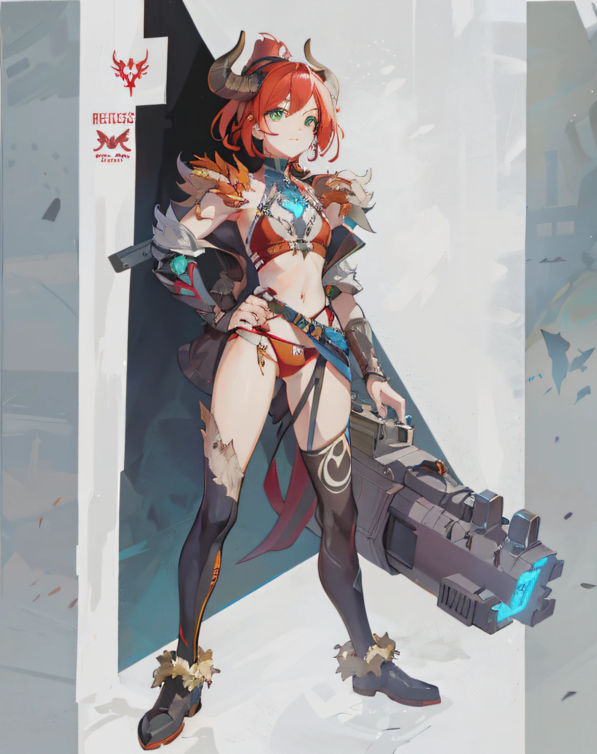 neat face, cyberpunk, armor in the style of Horizon Zero Dawn, Red-haired girl, neat green eyes, pigtails, a wreath of fiery horns on her head, barbarian, a huge techno cannon in her hands, a huntress, bones on the body, insect plates, chitin, fur, small bones, light bones and red fur on the shoulders, dark leather stockings made of strips of cut skin on the legs, ropes and light bones on the body, thin panties, a small bra made of bones, bright red hair, jewelry made of horns, a fur gun. Instead of underpants, rope, bones and chitin, fur shoulder pads and with chitin, a tail of hair on the back of the head, a short haircut, a bionic cannon in the form of the mouth of a wolf, shark, dragon look up. The girl has green eyes, a playful look, a good-natured smile, a neat nose, tight panties, tight thongs, mini-underwear, leaky underwear, torn fabrics, a lot of torn fabrics, a lot of holes in fabrics, a cannon with a monster's head, a cannon barrel in the form of a monster, a flame bursts out of her mouth, a portal in a cannon. The girl has short hair, a ponytail at the back is short and looks up, fur shoulder pads, a jacket on the shoulders, a torn bra, the pubis is open, diagonal straps all over the body, powerful energy escapes from the open toothy mouth of a cannon, a bird's skull on a girl's belly, tattoos, vertebrae on the edges of stockings, cyberpunk, ethnic style of clothing, vintage clothes, worn, prehistoric style, prehistoric jacket, elbow pads made of insects, chitinous cannon, bionic cannon, torn jacket sleeves, chitinous plates on the jacket, flame flashes, cyberpunk, the whole cyberpunk style, a lot of technology, technologies of the future, futurism, science fiction, fantasy, wildness, sexuality, emphasized eroticism, cold lighting, flames from everywhere, a lot of fire, bones on the shoulders, small details on the shoulders, a skull on the belt, the girl has curly hair, tattoos on her face, maximum nudity, diagonals, caveman, prehistoric image,