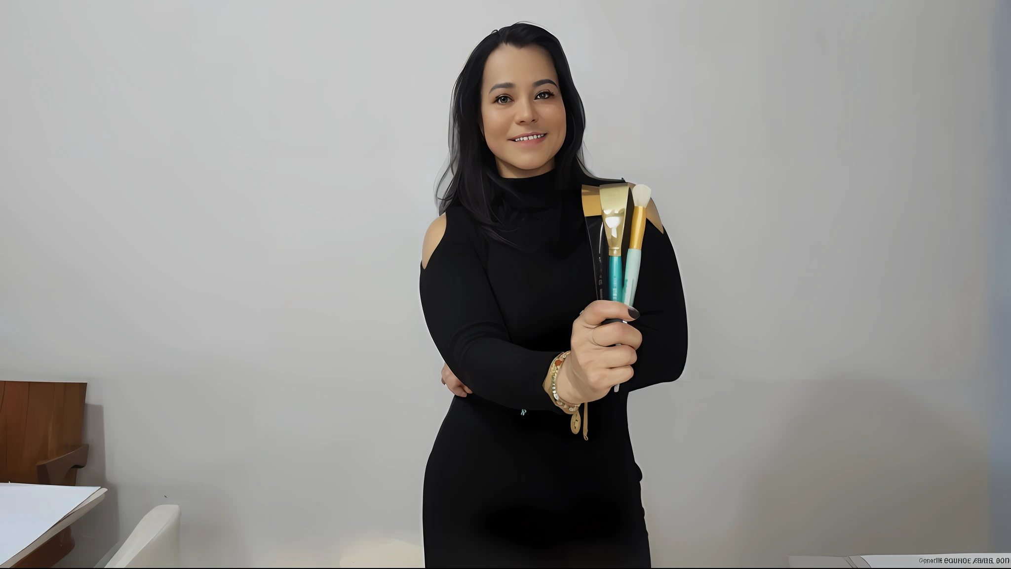 There's a woman with two prizes in her hands, holding brushes, turn into a super powerful