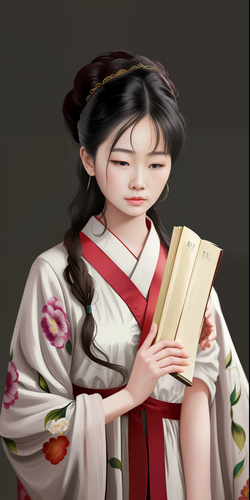 Lin Daiyu, Dream of the Red Mansion, A Woman with a Book Crying, Gutwiz style artwork, crying expression, sad expression, Hanfu, Guvitz, wearing ancient Chinese costumes, patterns of flowers on clothes, beautiful anime portraits, traditional beauty, inspired by Max Magnus Norman, complete portrait of an electronic master, inspired by Jean Bello, Nicolas Tesla, Gillium Pongiruppi, portraits of characters, Luis Ricardo Farero, epic elegant portraits, Santiago · Martinez Delgado, Frank Xavier-Linedecker style digital figure concept art, white, science illustration, Magali Villeneuve, Walt Disney, texture of more brushstrokes, simplified and stylized portrait, American comics, animation energy, ambient light is not strong, photo texture on costumes is not strong, light source at night, hand drawn
