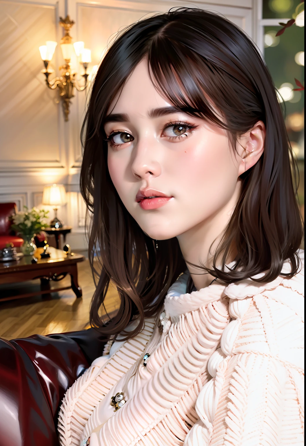 (wide angle), half-length portraits, lipstick, eyelashes, (open lips), sofa, fireplace, look at the viewer, best quality, ultra high resolution, (photorealistic: 1.4), (detailed face and eyes),