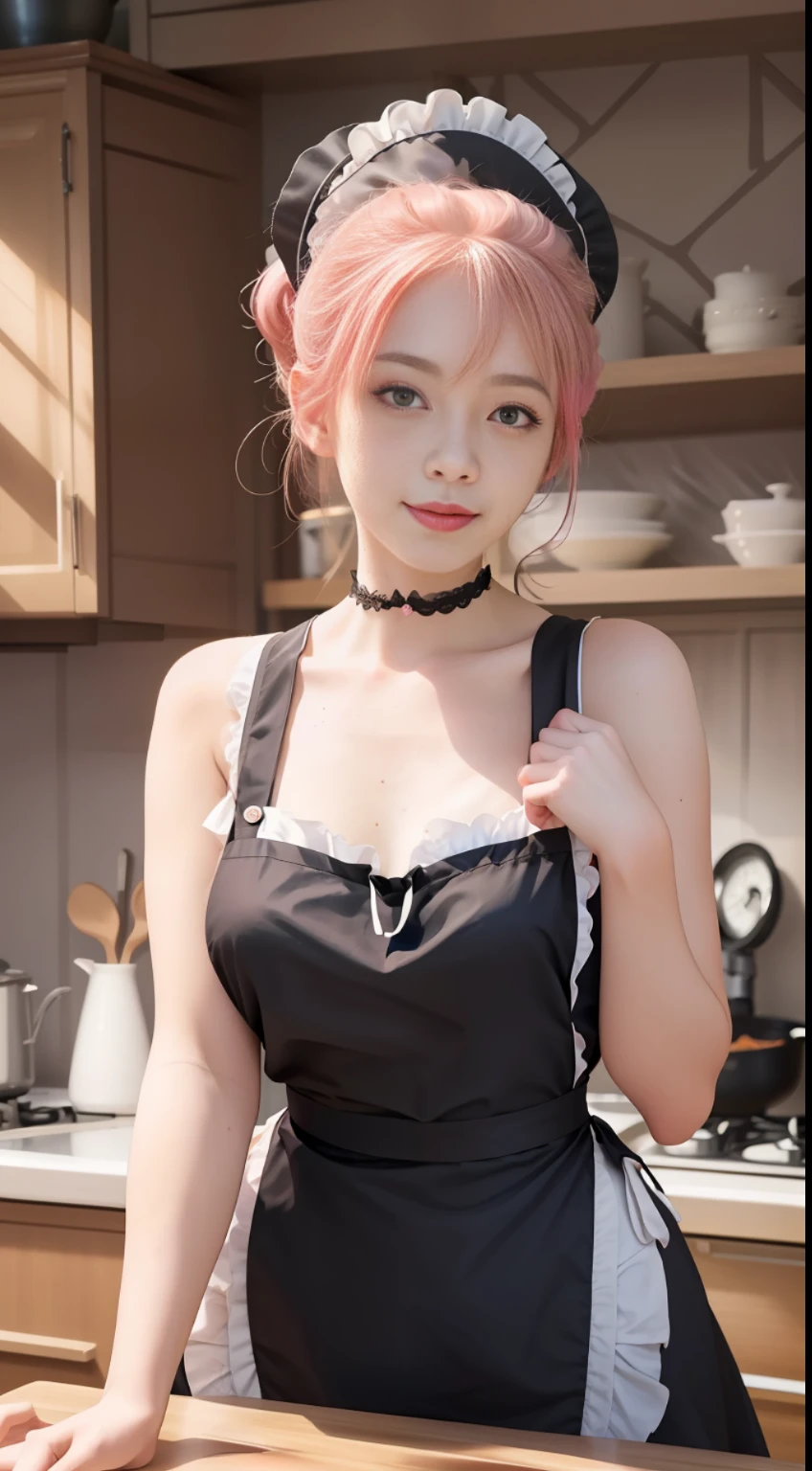 a full-bodied portrait of a playful maid, lowered hair, apron, amazing body, pronounced feminine feature, perfect breasts, kitchen, [gray blonde | ginger | pink hair], freckles, flirting with the camera, seducing.