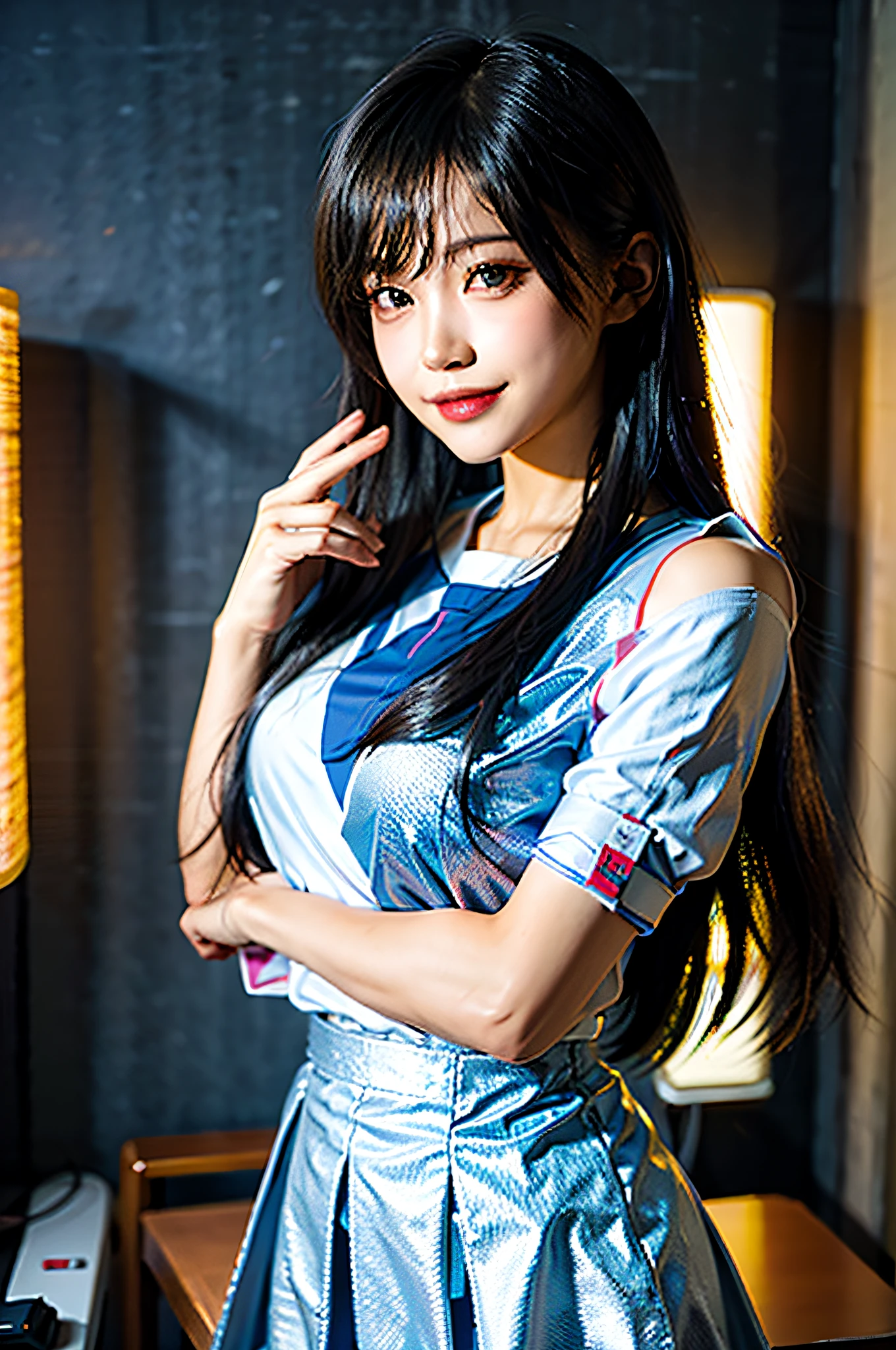 (masterpiece), top quality, ultra high resolution, closeup, slim body, 1 girl, school uniform, long hair, smiling, night, Tokyo city hotel background, colorful lights, photon mapping, radiosity, physics based rendering, Cinematic Lighting, Complex, High Detail, Sharp Focus, Dramatic, Photorealistic World's Most Beautiful Image, Great Location, 4k, 8k, Ultra High Definition, High Definition, HDR, Smile, (Smile), ( ((Standing))), full body, great location, 4k, 8k, hypergarity, highly detailed, hypergaricity, highly detailed, water--V5--S 750 --Q2, ((masterpiece, top quality, high quality, high resolution)), great location, top quality, body portrait, sexy, ((bolted on breasts))