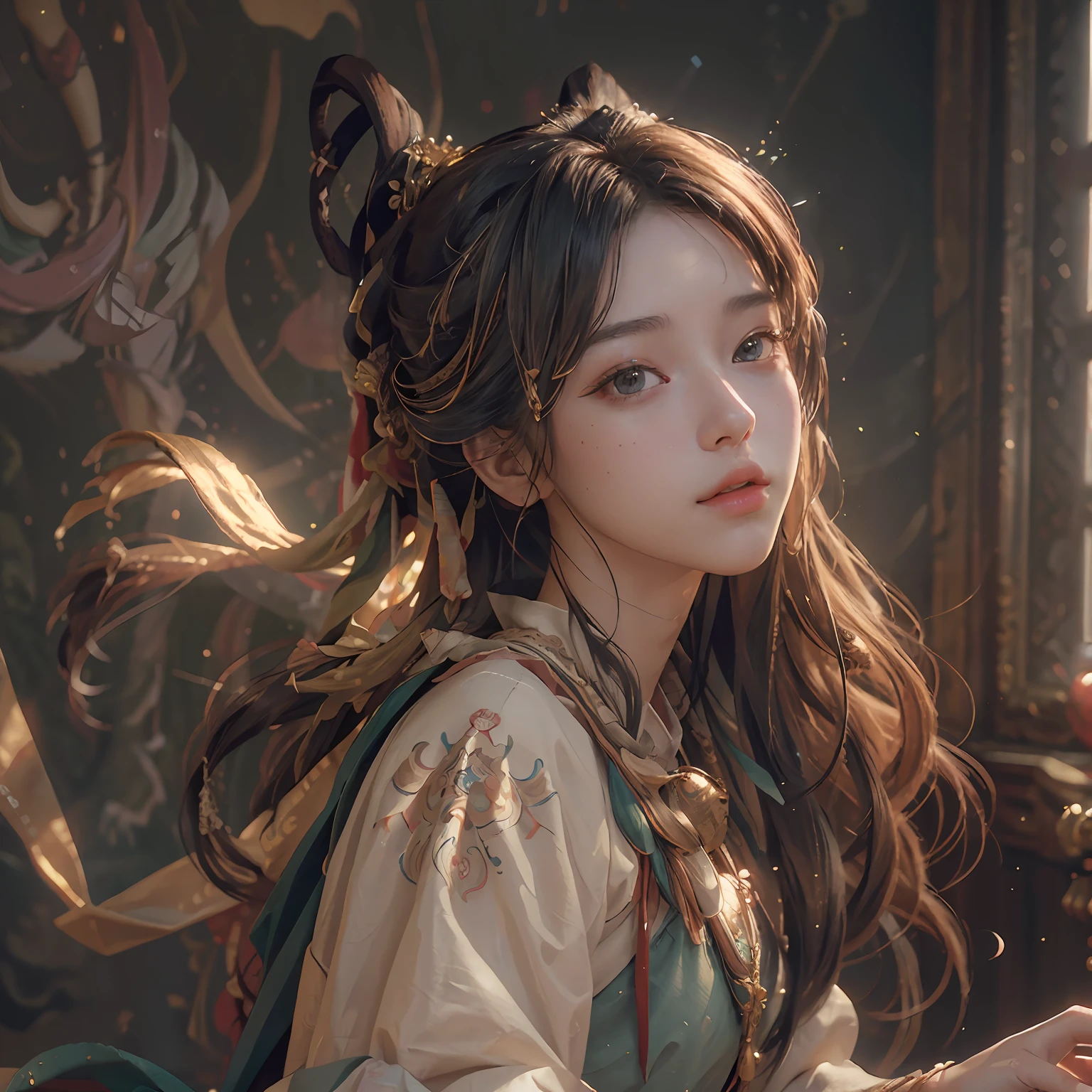 (RAW photo, best quality), (realistic, photo-realistic:1.3),best quality,highly detailed,masterpiece,ultra-detailed,illustration,1girl,upper_body,dynamic angle,world masterpiece theater,messy_long_hair,best quality,extremely detailed CG unity 8k wallpaper,ink,Amazing,cinematic lighting,lens_flare, dunhuang_style