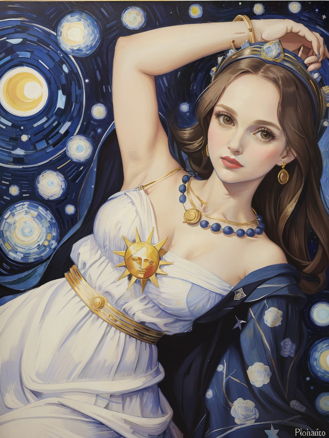 Natalie Portman, Oil painting, renaissance, Leonardo da Vinci, model, modern style, modern clothing, pop star, cool, white dress, blue cover, necklace of the planet Jupiter, Pluto in the sky, Starry Night, van Gogh, Pablo Picasso, print dress of the work Guernica Picasso, crown of sun on the head, long dress, covering dress, watercolor background, gray roses on the background, dark blue lipstick