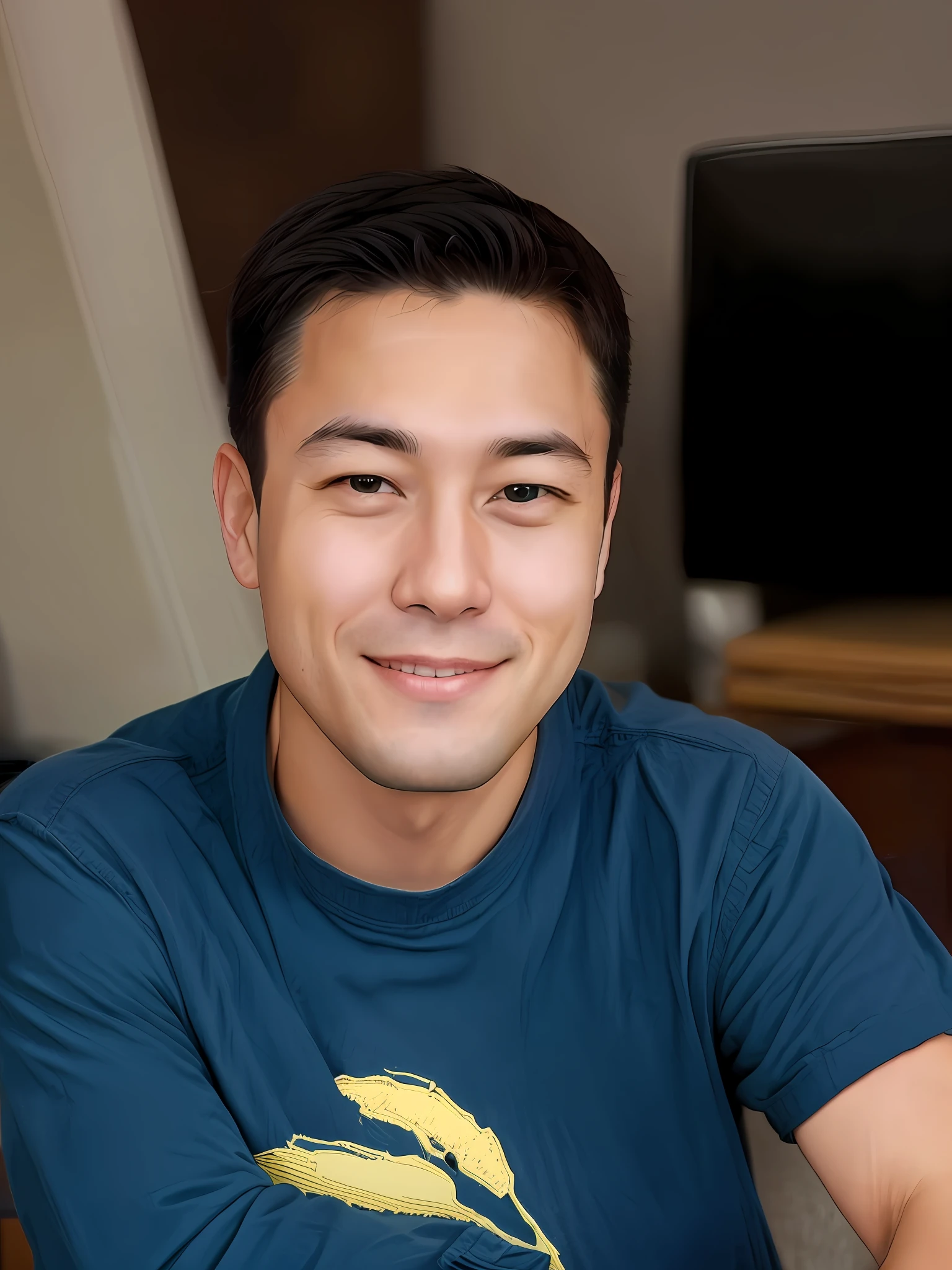 There was a man sitting at his desk, smiling, 2 8 years old