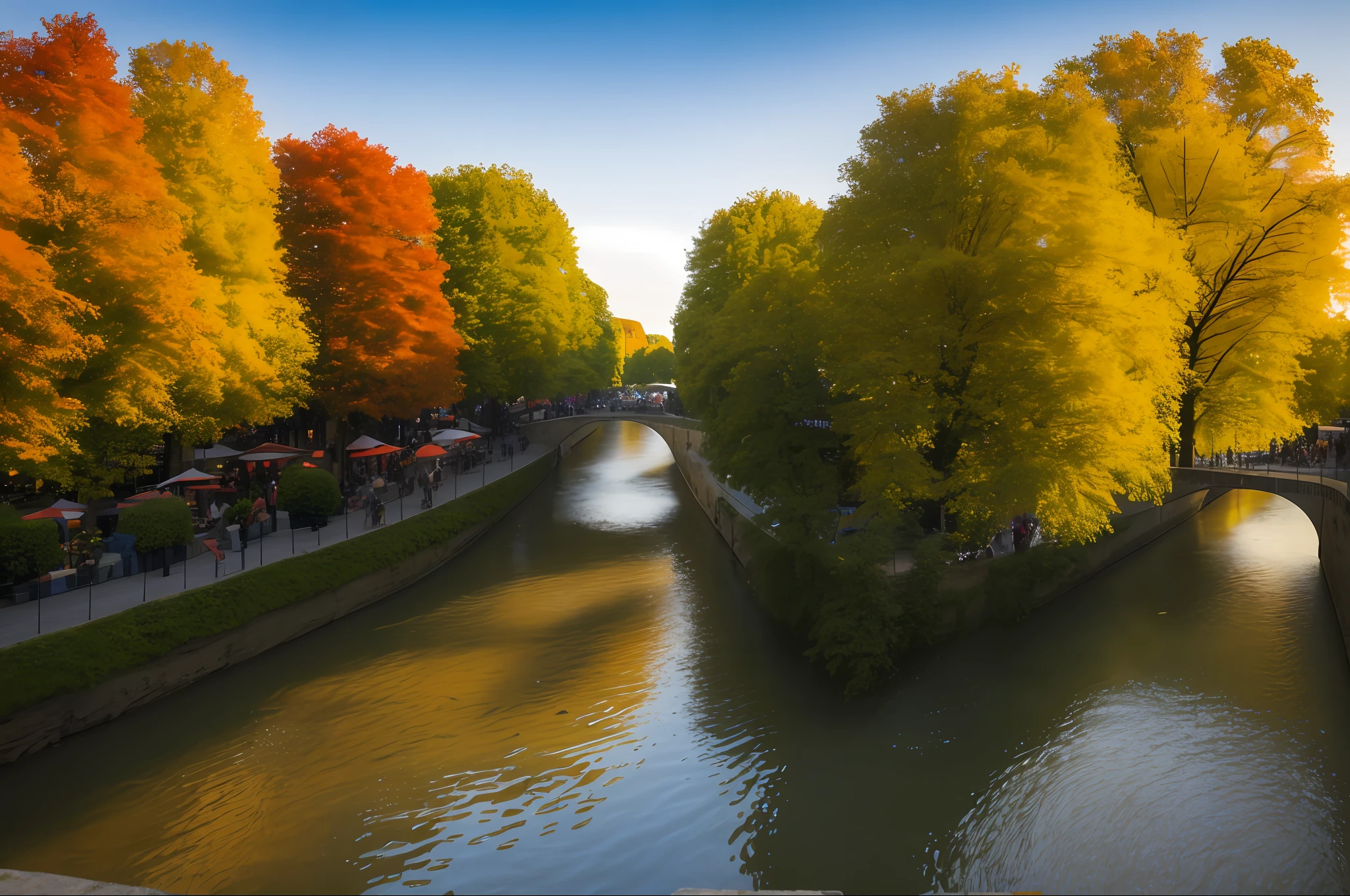 arafed buildings along a river with people sitting at tables, beautiful place, traveling in france, northern france, fairy tale place, in a medieval city, 8k)), a bustling magical town, beautiful city of the future, nuremberg, magical village, 8 k -, medieval cities, colorful city, how pretty, magical atmosphere