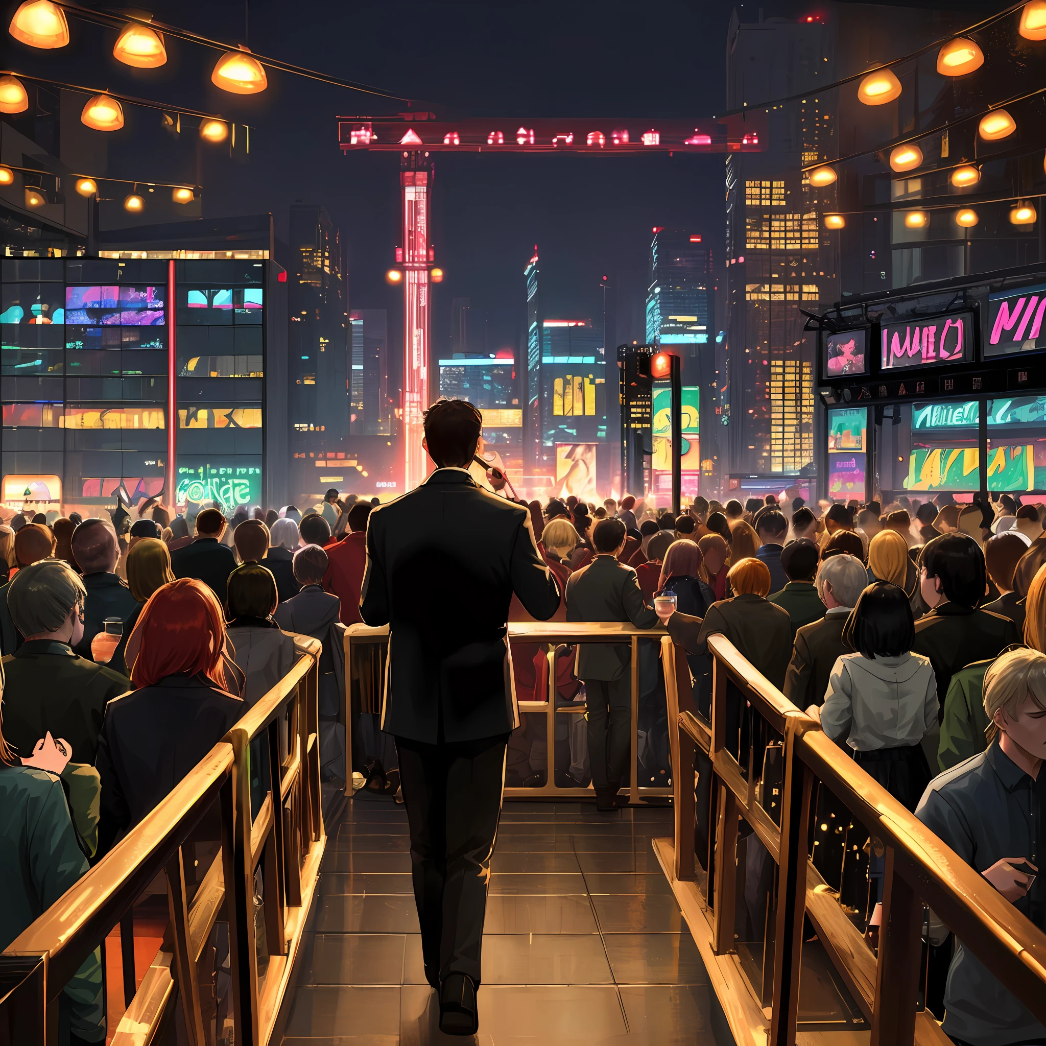 ((masterpiece)),((best quality)),((high detail)),((realistic,)), Cyberpunk, nightclub, ballad, people toasting, drinks, crowd at party, crowd, people gathered, night house, panoramic
