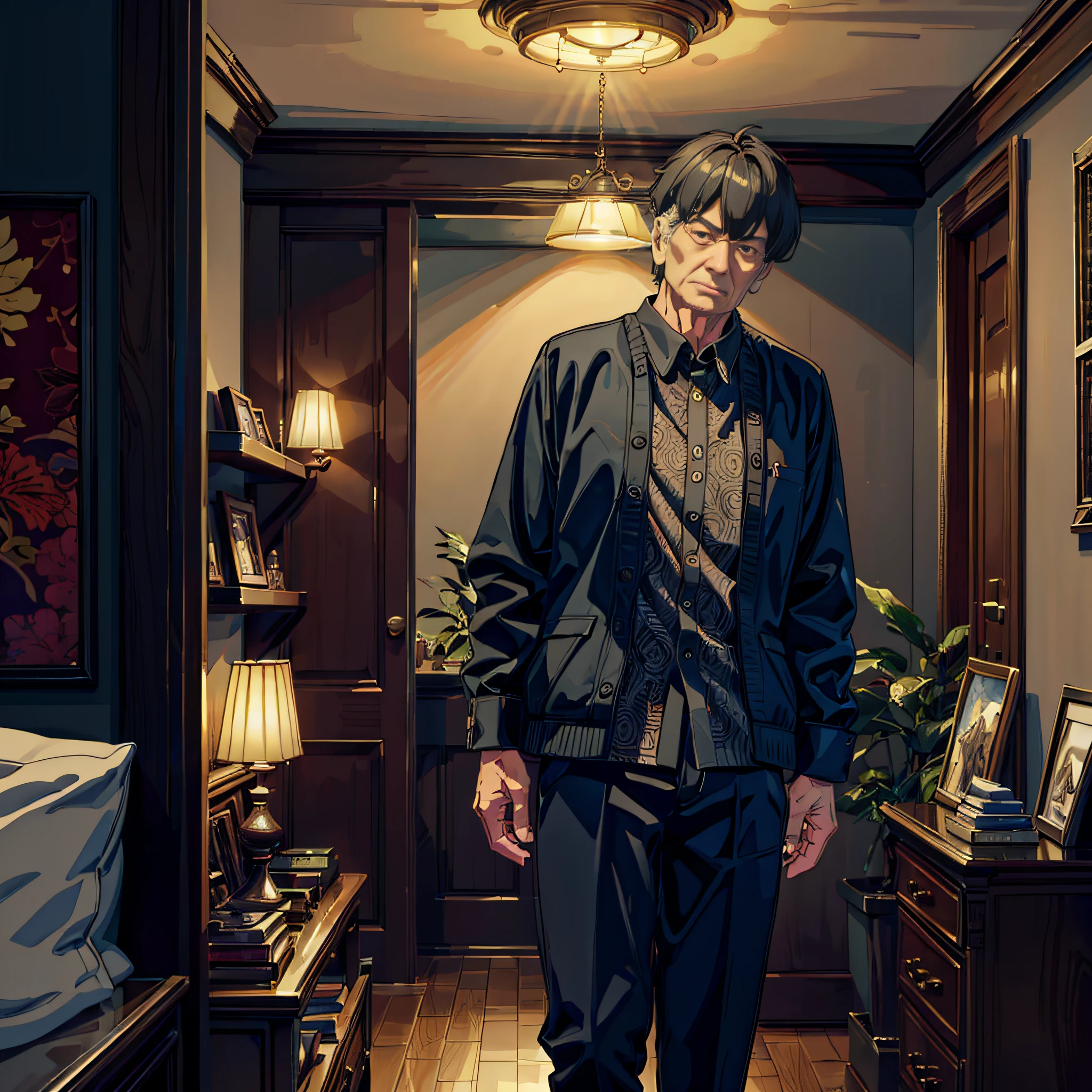 (Masterpiece, super detail, high detail, best quality, 8k, living room, home lighting), (old man, short black hair, casual clothes, high detail skin) At this time he spoke, and he glared angrily at me