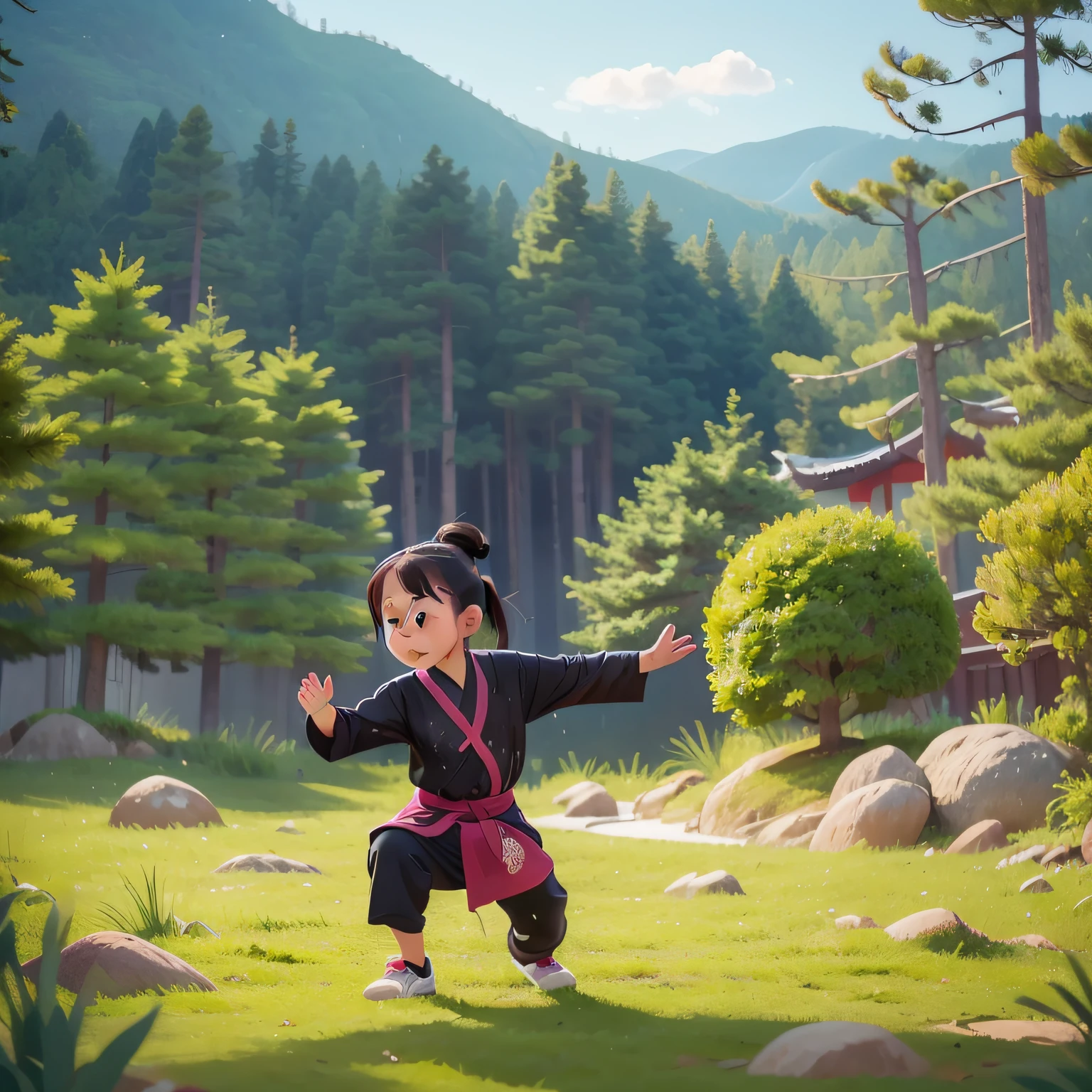 A girl practicing tai chi, working hard to face the camera, hand-drawn cartoon art style, big pine tree, splashing ink, Chinese style, panorama