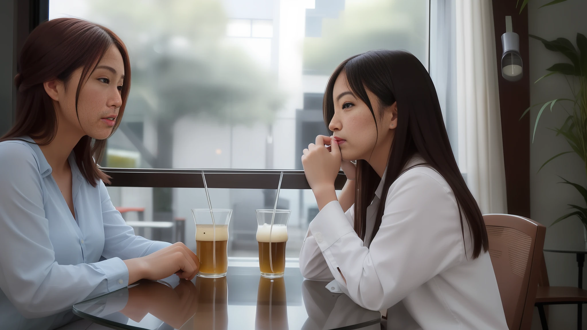 two women sitting at a table with drinks and a glass of beer, drinking coffee, drinking a coffee, woman drinking coffee, japanese, taken with sony a7r camera, anime girl drinks energy drink, very intense, sitting in a cafe, photo taken with sony a7r, drinking a beer, drinking beer, with a drink, sitting in a cafe alone