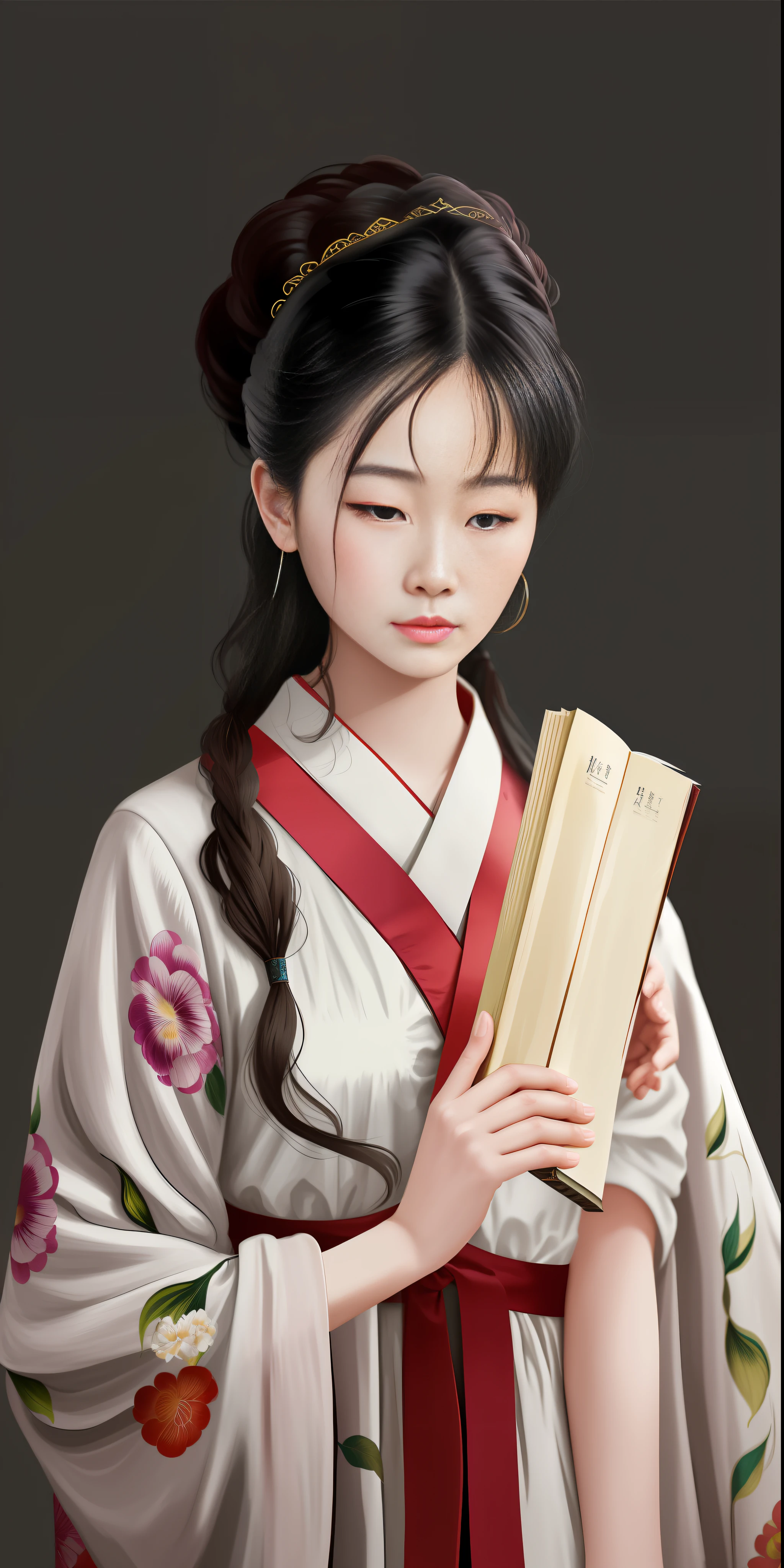 Lin Daiyu, Dream of the Red Mansion, A Woman with a Book Crying, Gutwiz style artwork, crying expression, sad expression, Hanfu, Guvitz, wearing ancient Chinese costumes, patterns of flowers on clothes, beautiful anime portraits, traditional beauty, inspired by Max Magnus Norman, complete portrait of an electronic master, inspired by Jean Bello, Nicolas Tesla, Gillium Pongiruppi, portraits of characters, Luis Ricardo Farero, epic elegant portraits, Santiago · Martinez Delgado, Frank Xavier-Linedecker style digital figure concept art, white, science illustration, Magali Villeneuve, Walt Disney, texture of more brushstrokes, simplified and stylized portrait, American comics, animation energy, ambient light is not strong, photo texture on costumes is not strong, light source at night, hand drawn