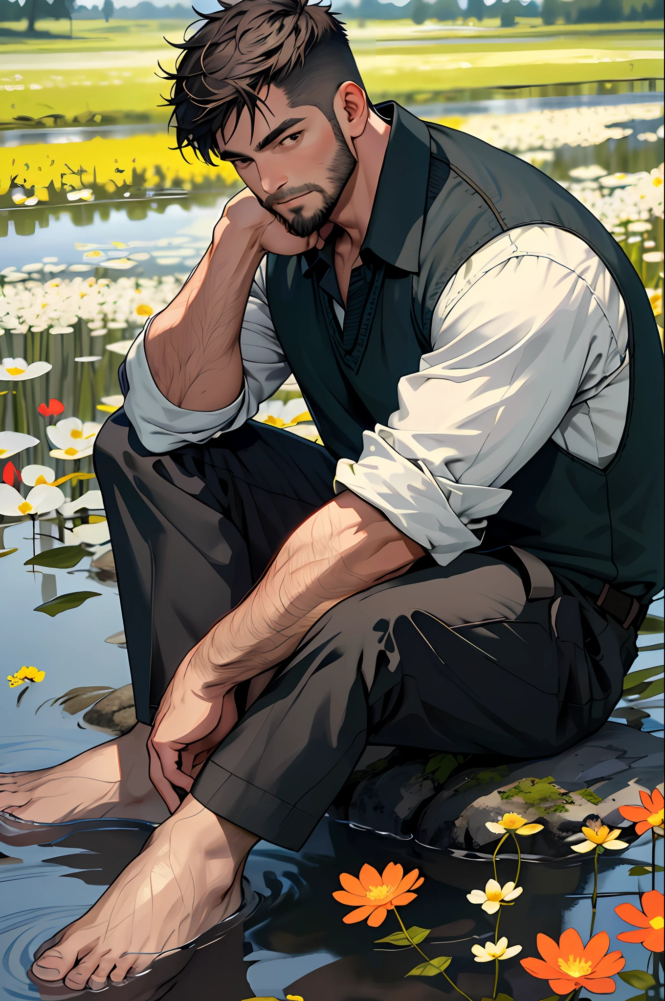 Best quality, masterpiece, expressionless, super high resolution, detailed background, realistic, 1 person, solo, male, muscular, mature male, short hair, facial hair, sitting position, water, flower field, real shadow and light, depth of field, smelly feet
