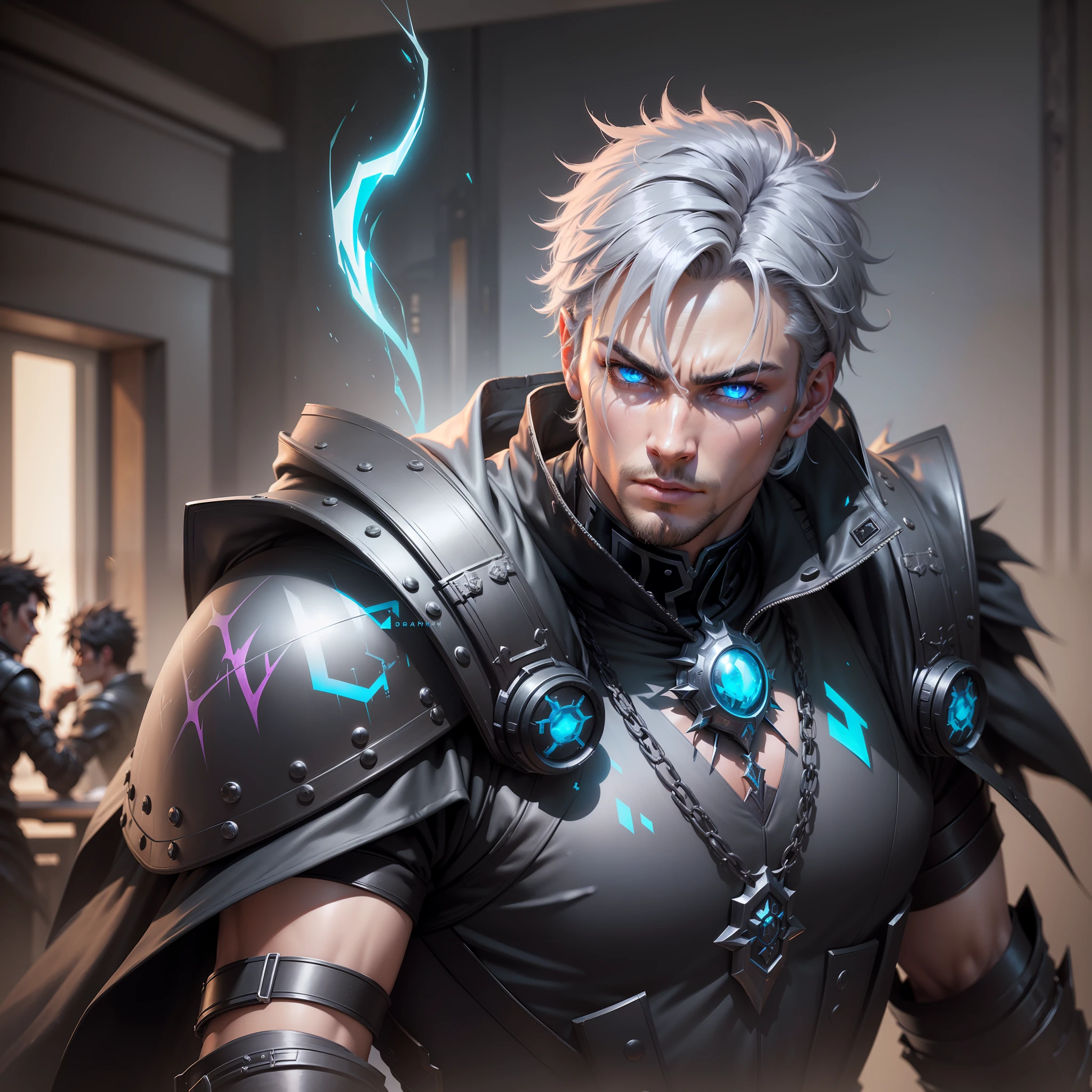 cyberpunk male, (fighting someone else) fantasy world, dark background, clean design, epic Instagram, artstation, color paint splash, profile, ultra-detailed intricate details, unreal engine, fantasy, intricate details, start screen, complementary colors, fantasy concept art, 8K resolution, deviant masterpiece, oil painting, heavy brush strokes, paint dripping, (in the classroom: 1.3), rainbow skin, ((handsome young man))) , ((teens: 1.5)), (glowing blue eyes), ((glowing eyes)), (short gray hair: 1.1))), (black)), (prince \\ (cold expression), (wearing luxurious black robes with high details) (fall: 1.8), (boys, couples: 1.7), (face closeup: 1.9), (arrogant and domineering face: 1.8), (masterpiece, masterpiece: 1.5)