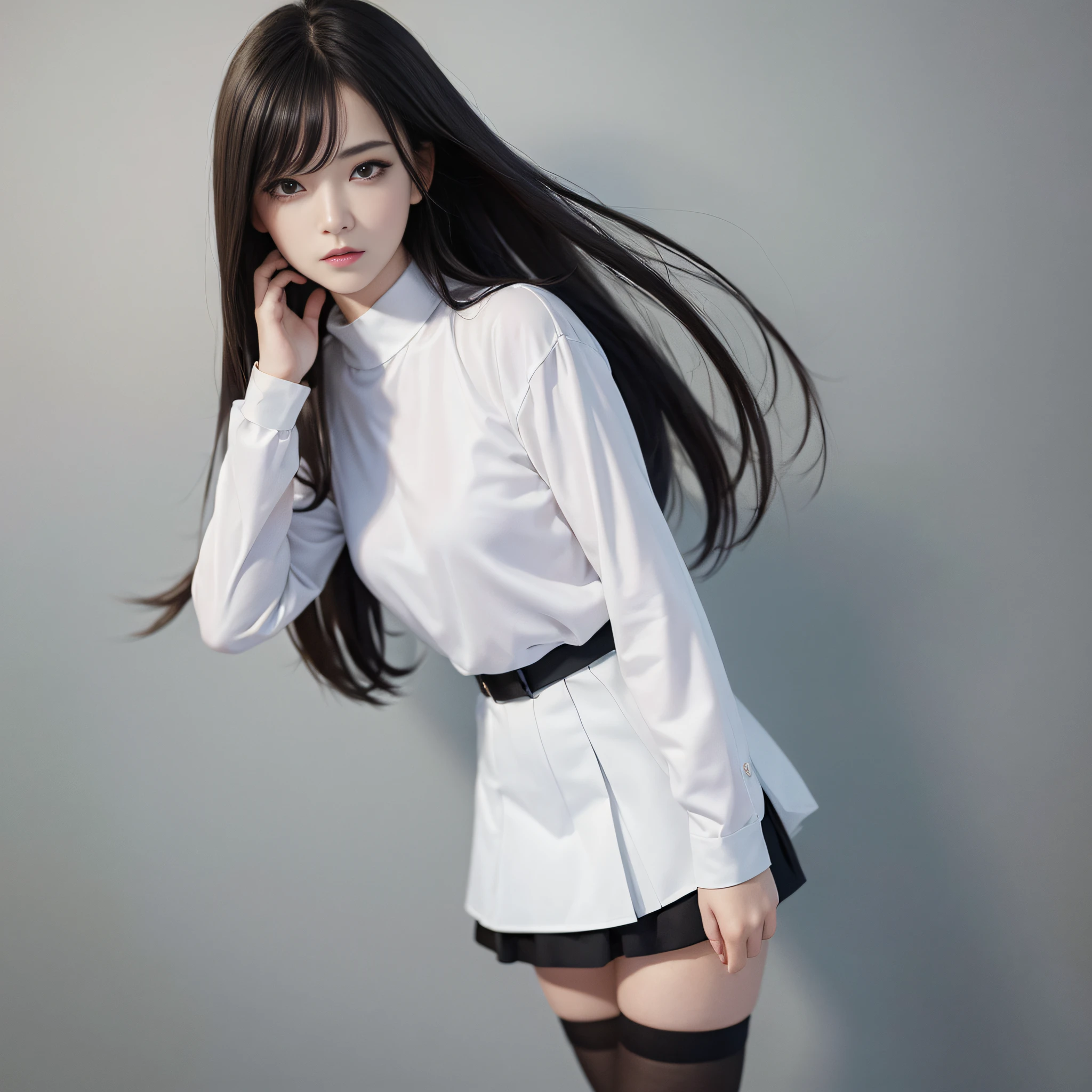 ((masterpiece, best_quality)), 1girl, (photorealistic:1.4),  solo, white_background, black_hair, long_hair,   zettai_ryouiki, skirt, ((full_body)),