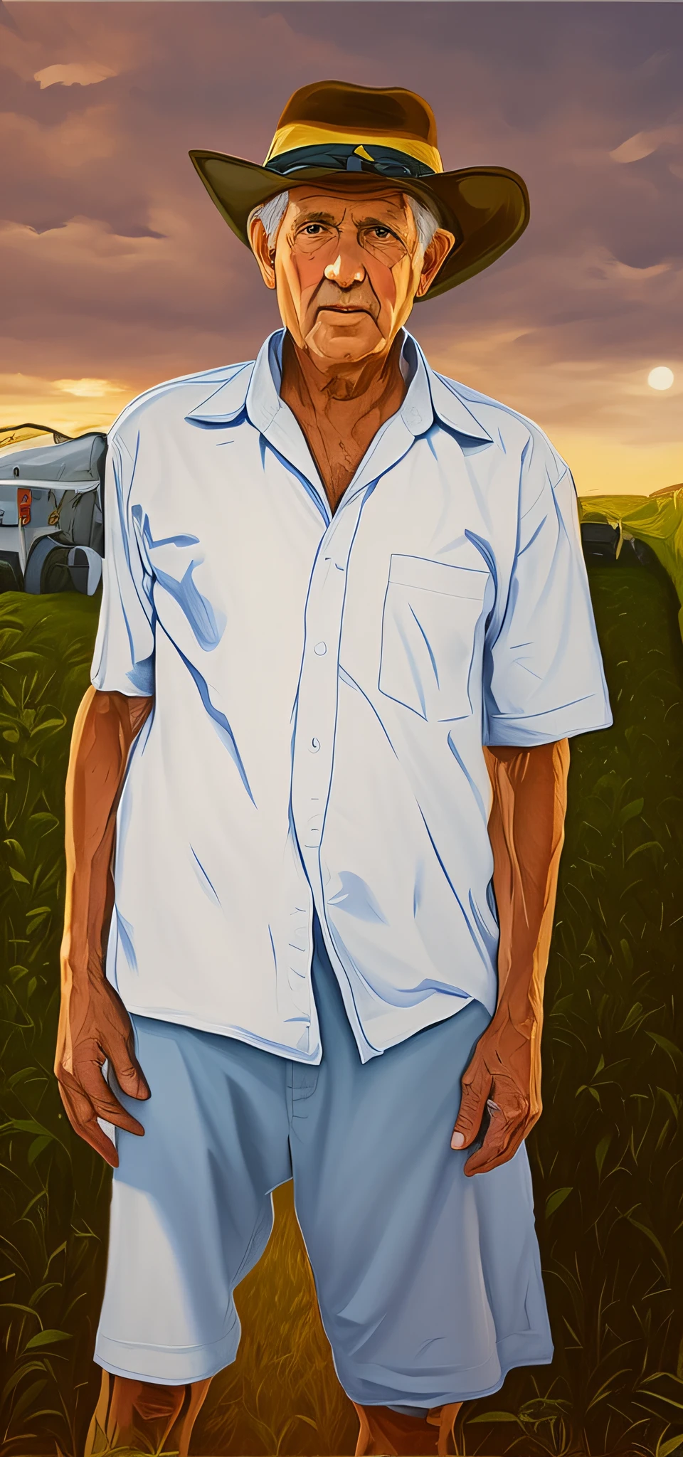 painting of an 80 year old man with a hat standing on a farm, dress non-nude portrait, drawn with photoshop, detailed full body portrait, tall farmer, full body portrait, digitally painted, digital illustration, a digital painting, digitally painted, farmer, digital drawing, full body portrait, inspired by Stevan Dohanos, inspired by Grant Wood,  Art by Pedro Bell