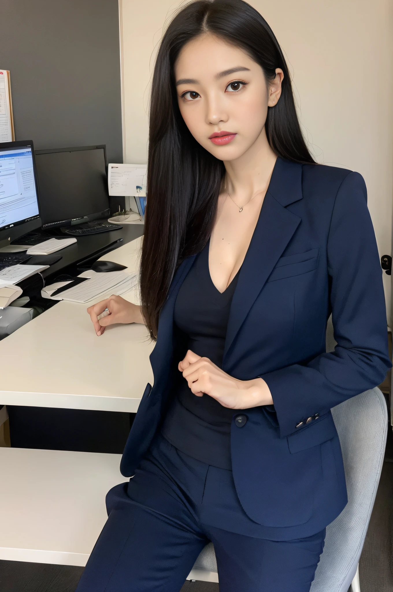 (Top Quality, 16k, Masterpiece: 1.3)), Slender Beauty 1 Person: 1.5, (C Cup Breasts: 1.1, Slender Abs: 1.2), (Black Straight Long Hair), (Ultra Detailed Face and Skin Texture, Ultra Detailed Eyes, Double Eyelids, Ultra Detailed Eyes), Sharp Focus: 1.2, Full Body: 1.1, Navy Blue Suit, White Y-Shirt, Office Desk: 1.1, PC Work