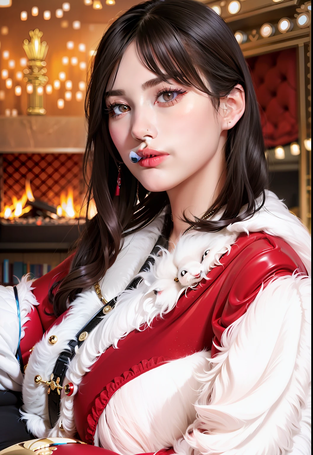 (wide angle), half-length portraits, lipstick, eyelashes, (open lips), sofa, fireplace, look at the viewer, best quality, ultra high resolution, (photorealistic: 1.4), (detailed face and eyes),