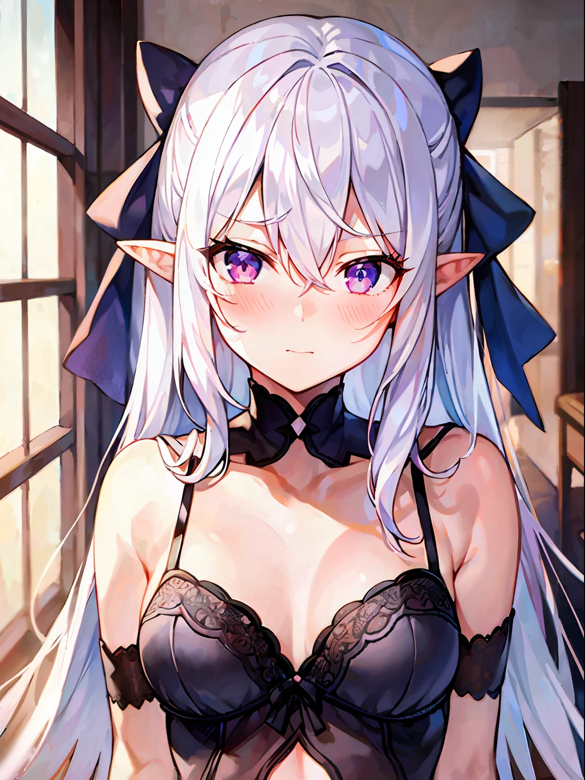 1girl, ((medium-small )), standing, hand on hair, (((shy))), ((full-face blush)), (thin eyebrows:-1), ((straight hair)), (hair intakes:1), white hair, (very long hair), purple eyes, (pointy ears), ((lingerie)), bedroom, modern, looking away, (((from front))), close-up, masterpiece,