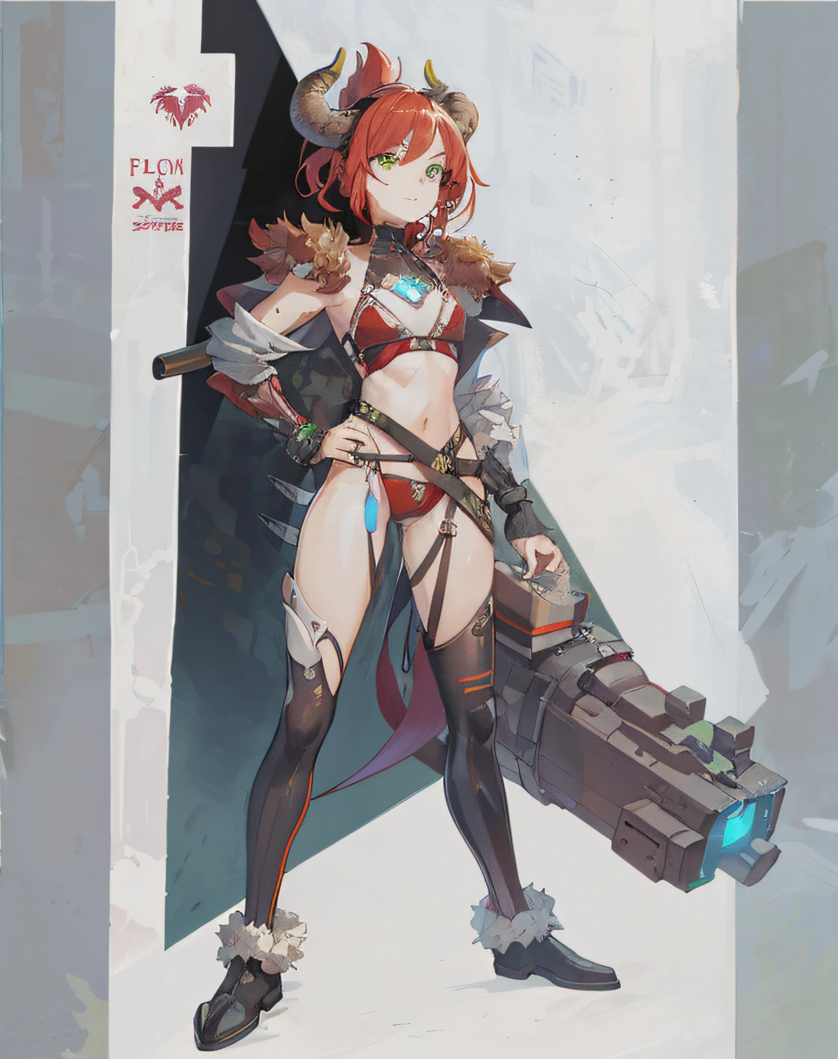 neat face, cyberpunk, armor in the style of Horizon Zero Dawn, Red-haired girl, neat green eyes, pigtails, a wreath of fiery horns on her head, barbarian, a huge techno cannon in her hands, a huntress, bones on the body, insect plates, chitin, fur, small bones, light bones and red fur on the shoulders, dark leather stockings made of strips of cut skin on the legs, ropes and light bones on the body,  thin panties, a small bra made of bones, bright red hair, jewelry made of horns, a fur gun. Instead of underpants, rope, bones and chitin, fur shoulder pads and with chitin, a tail of hair on the back of the head, a short haircut, a bionic cannon in the form of the mouth of a wolf, shark, dragon look up. The girl has green eyes, a playful look, a good-natured smile, a neat nose, tight panties, tight thongs, mini-underwear, leaky underwear, torn fabrics, a lot of torn fabrics, a lot of holes in fabrics, a cannon with a monster's head, a cannon barrel in the form of a monster, a flame bursts out of her mouth, a portal in a cannon. The girl has short hair, a ponytail at the back is short and looks up, fur shoulder pads, a jacket on the shoulders, a torn bra, the pubis is open, diagonal straps all over the body, powerful energy escapes from the open toothy mouth of a cannon, a bird's skull on a girl's belly, tattoos, vertebrae on the edges of stockings, cyberpunk, ethnic style of clothing, vintage clothes, worn, prehistoric style, prehistoric jacket, elbow pads made of insects,  chitinous cannon, bionic cannon, torn jacket sleeves, chitinous plates on the jacket, flame flashes, cyberpunk, the whole cyberpunk style, a lot of technology, technologies of the future, futurism, science fiction, fantasy, wildness, sexuality, emphasized eroticism, cold lighting, flames from everywhere, a lot of fire, bones on the shoulders, small details on the shoulders, a skull on the belt, the girl has curly hair, tattoos on her face, maximum nudity, diagonals, caveman,  prehistoric image,