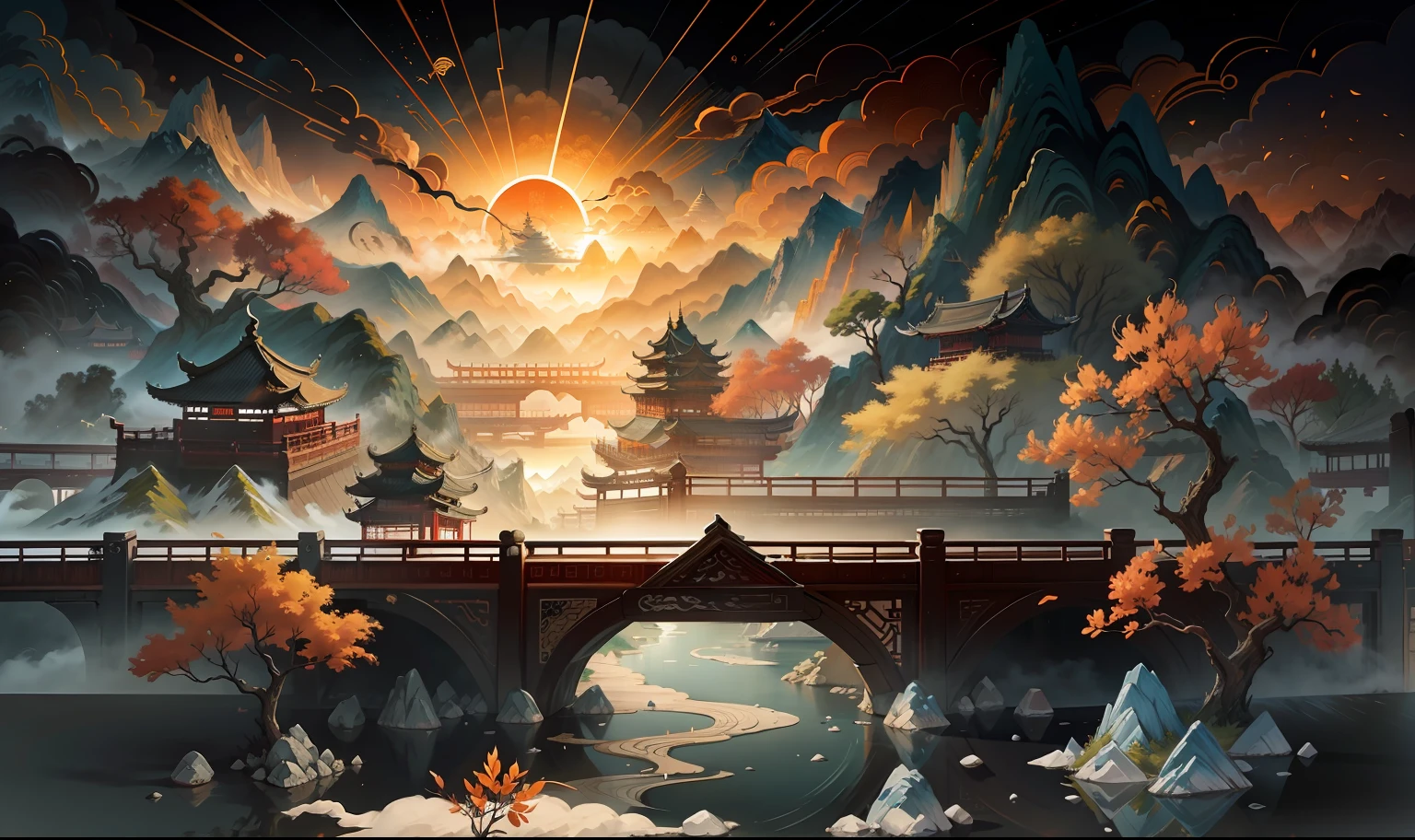 Ancient Chinese scenery, mountains, rivers, auspicious clouds, sunshine, masterpieces, super detail, epic composition, ultra HD, high quality, extremely detailed, official art, unified 8k wallpaper, Super detail, 32k -- v 6