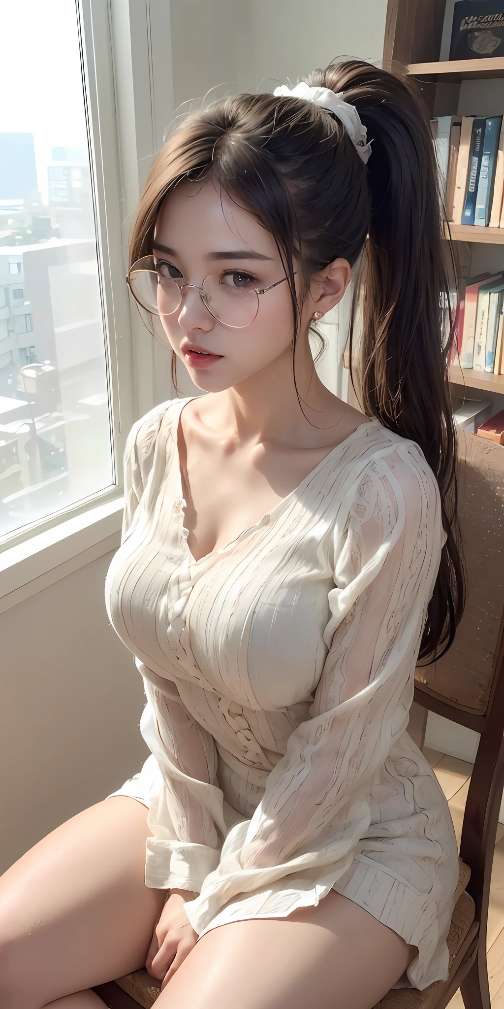 (Realistic, Photorealism: 1.37), (Best Quality), (Best Shadow), (Best Illustration), Clavicle ((Big)), (Erotic, Sexy, Ultra High Definition, High Definition CG Unified 8K Wallpaper, Physically Based Rendering, Film Lighting), (aegyo Sal:1), 18-year-old girl, (Neat and feminine white long-sleeved blouse dress: 1.2), (Tutor sitting on a chair : 1.2), indoors, study, bookcase, (stylish glasses: 1.2), eyes with beautiful detail, light on the face, (full body shot: 1.2)), especially strong light, (((provocative and naughty look)), shiny skin, (thick thighs), ulzzang-6500-v1.1: 0.2, shy, (flash: 1.2), NSFW, (ponytail: 1.2), ( Puffy, (seductive posture: 1.2, attractive: 1.2)), (idle), ((good anatomy: 1.2)), (study, textbooks, notebooks, reference books: 1.2), beautiful face, perfect face