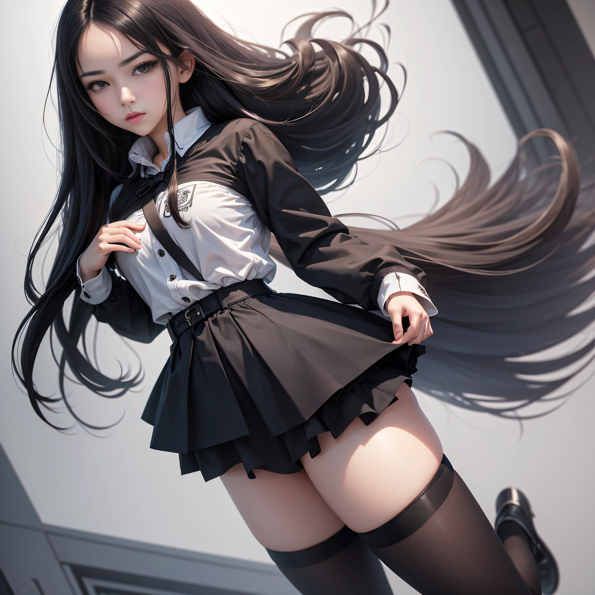 ((masterpiece, best_quality)), 1girl, (photorealistic:1.4), solo, white_background, black_hair, long_hair, zettai_ryouiki, skirt, ((full_body)),
